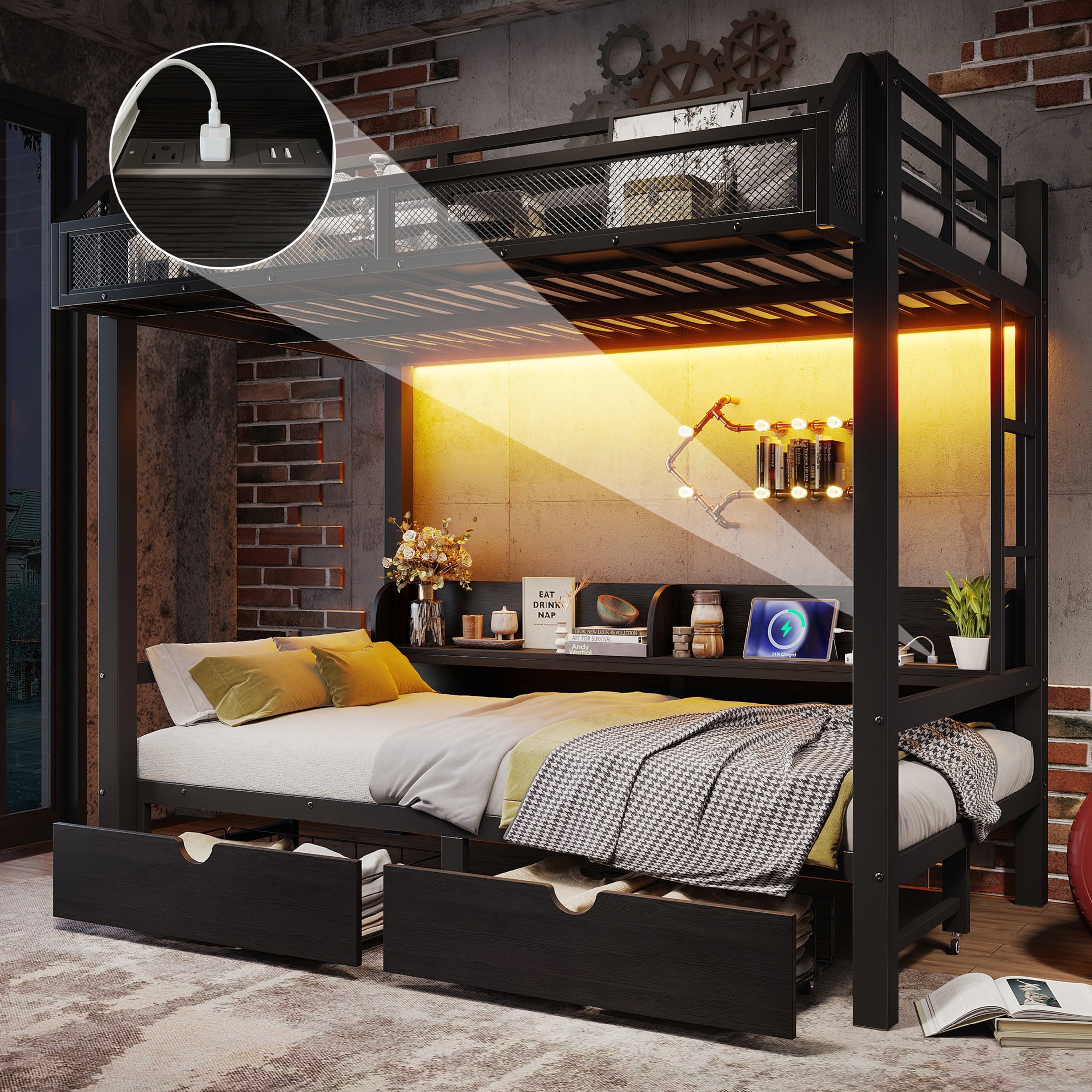 Noble House Twin Over Twin Metal Bunk Bed with Drawers, Shelves, USB Ports and LED Lights, Black