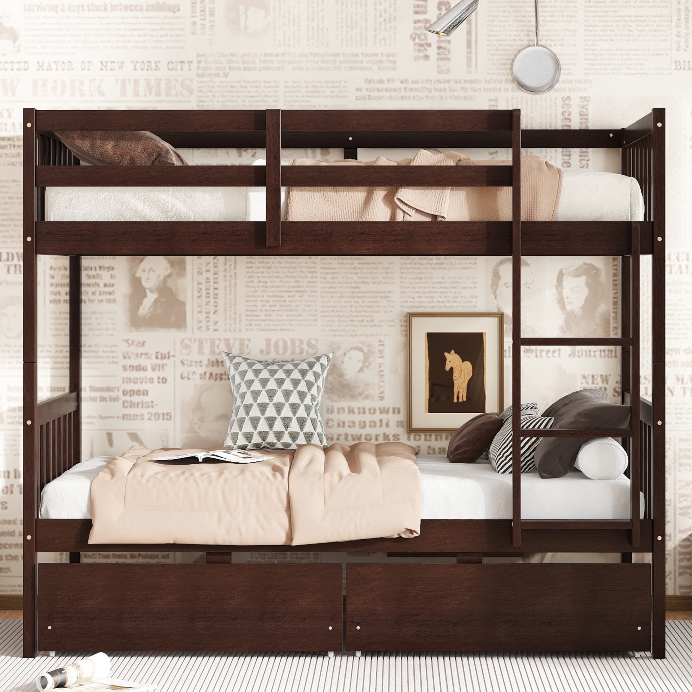 Noble House Twin Over Twin Rubber Wood Bunk Bed, Convertible Design with Ladder, Guardrails and Storage Drawers, Espresso