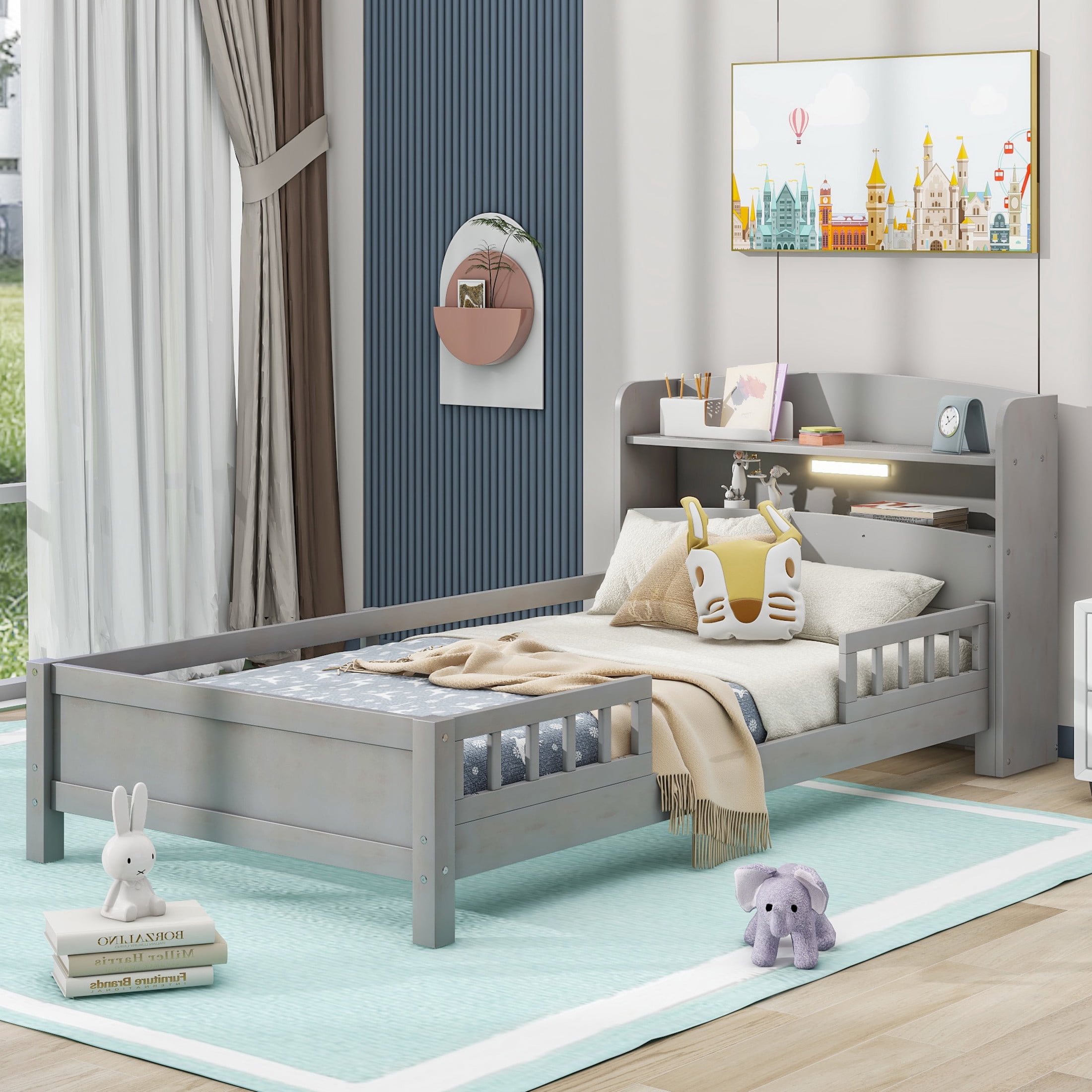 Noble House Twin Platform Bed with Built-in LED Storage Headboard and Safety Guardrails, Space Saving Design, Gray