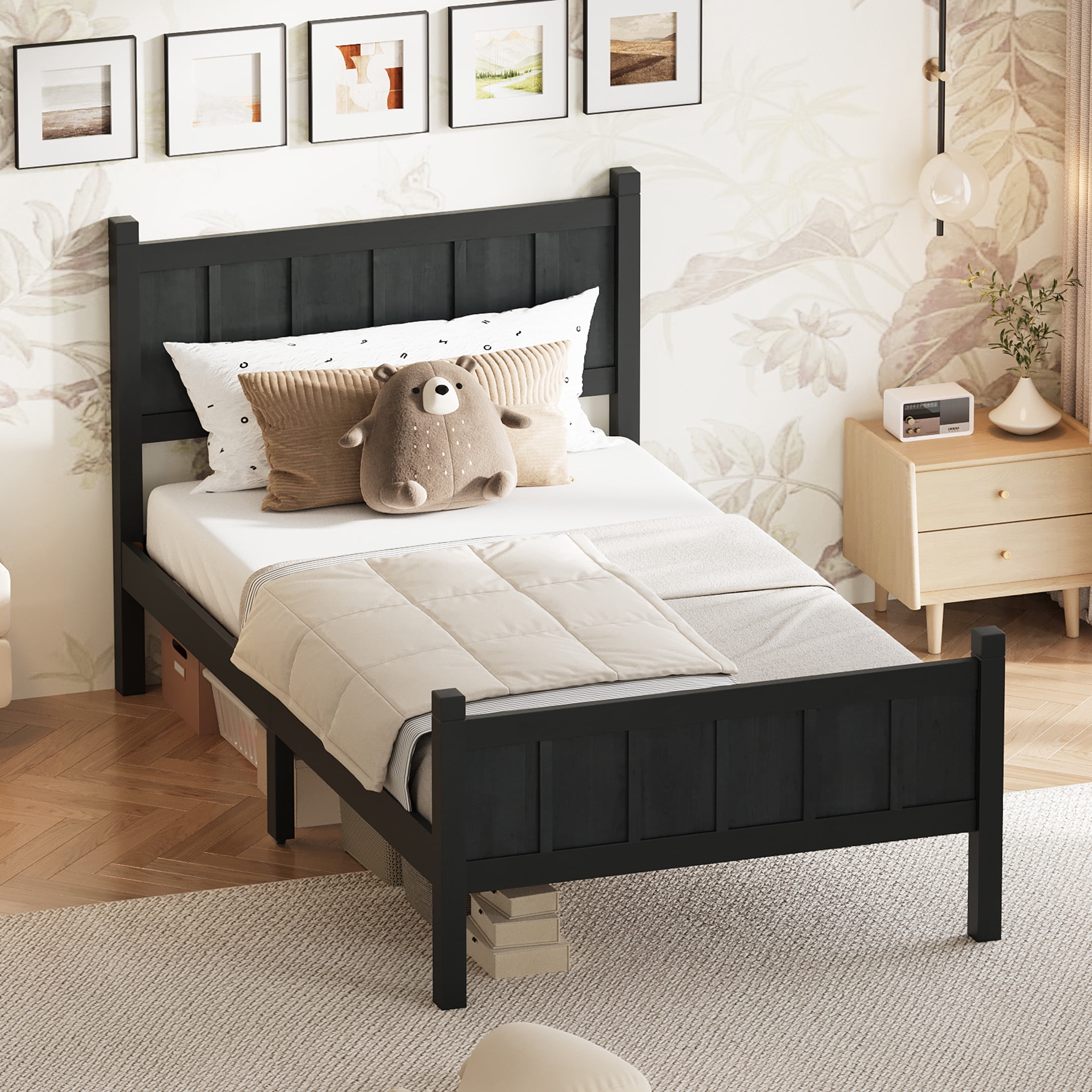 Noble House Twin Platform Bed with Headboard and Footboard, Wood Frame, Black
