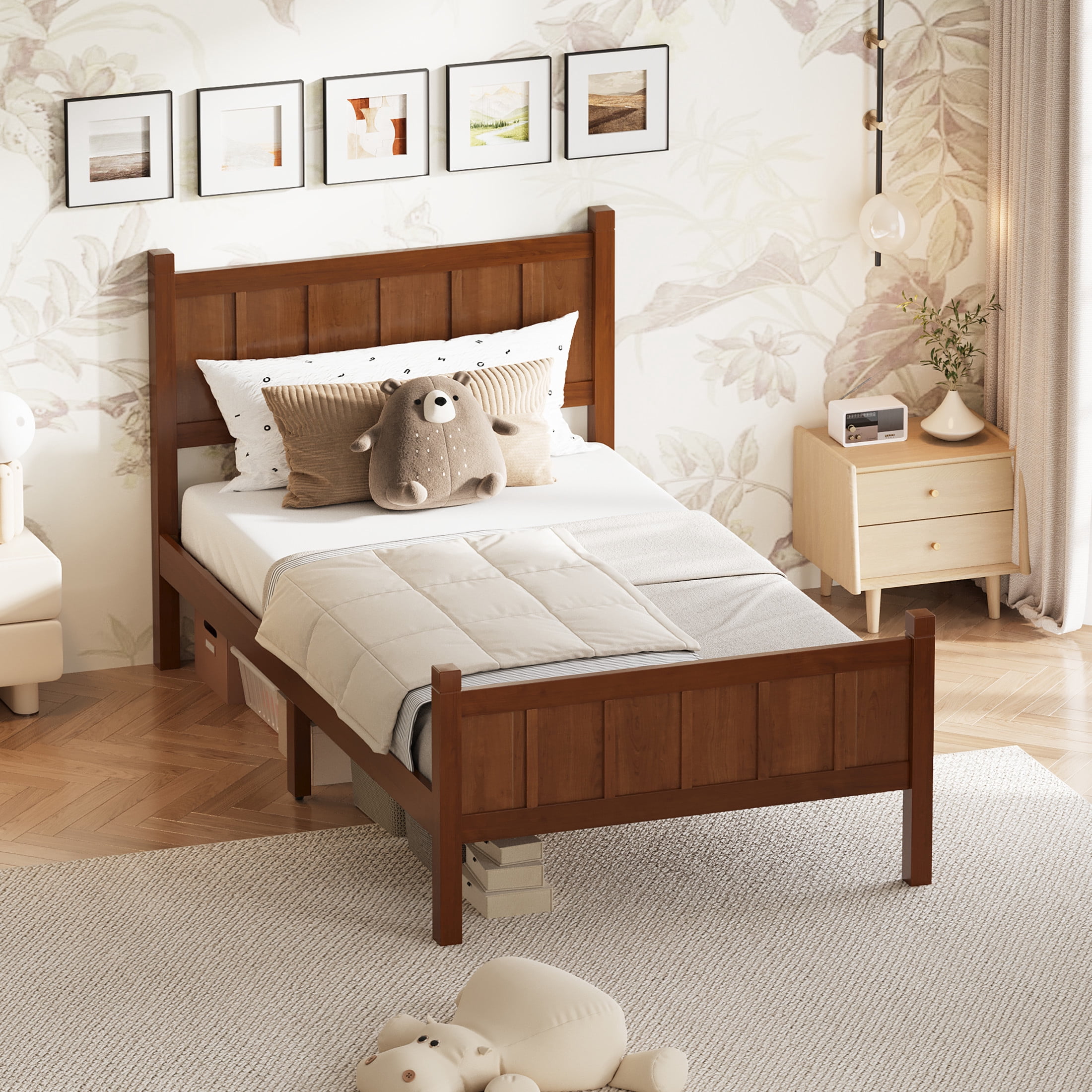 Noble House Twin Platform Bed with Headboard and Footboard, Wood Frame, Dark Walnut