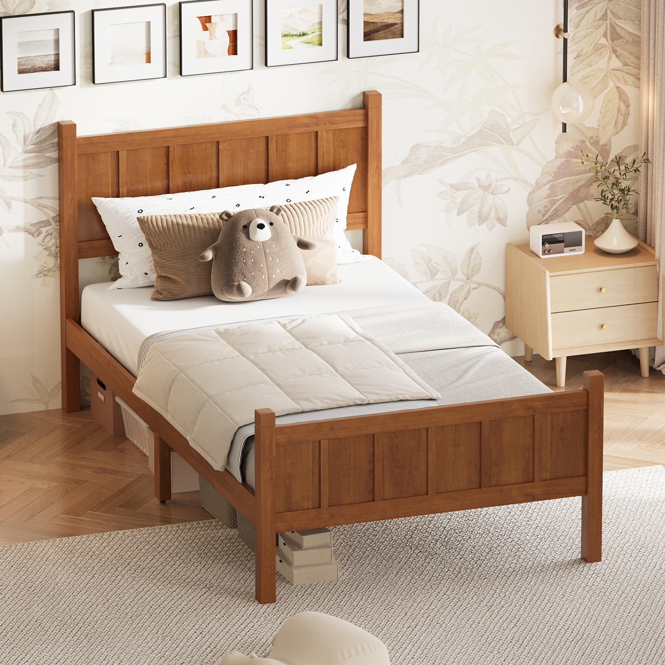 Noble House Twin Platform Bed with Headboard and Footboard, Wood Frame, Light Walnut