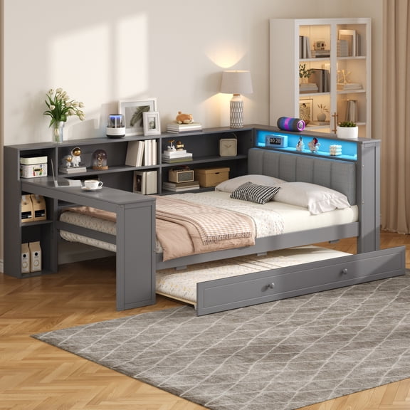 Noble House Twin Platform Bed with Upholstered Headboard, Extra Trundle, Storage Shelves and Charging Station, Grey