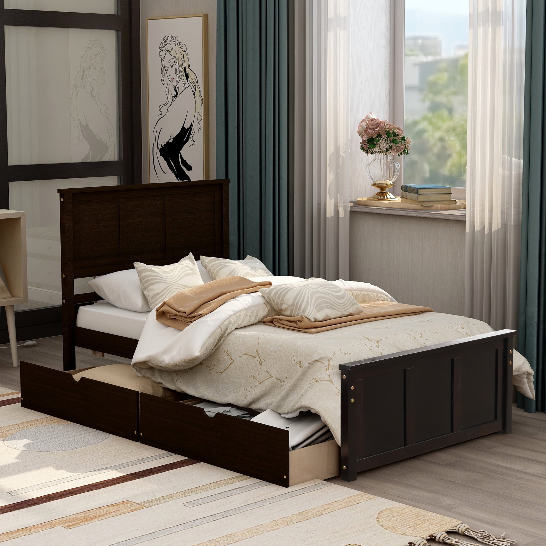 Noble House Twin Platform Storage Bed, Minimal Under-Bed Drawers with Rolling Wheels, Pine Wood Frame, Espresso