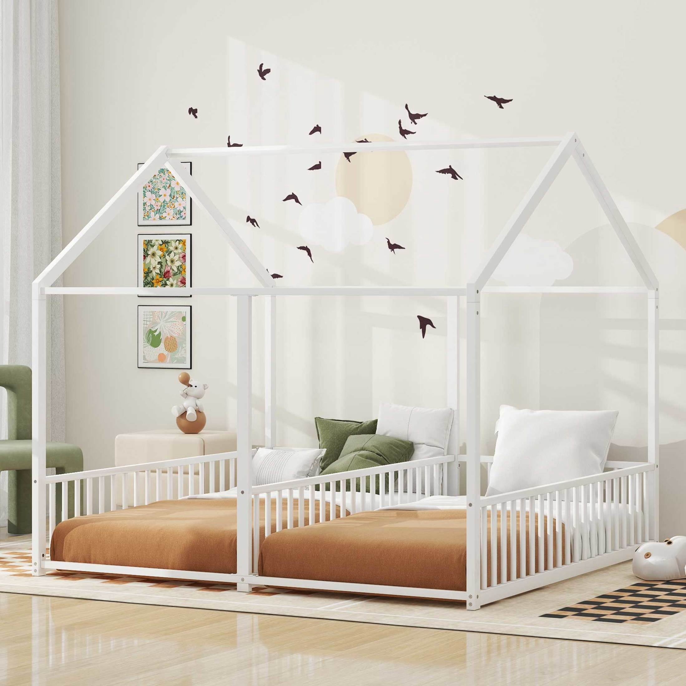 Noble House Twin Shared Metal House Bed, 2-in-1 Side-by-Side Platform Frame, Space Saving Design for Twins, White