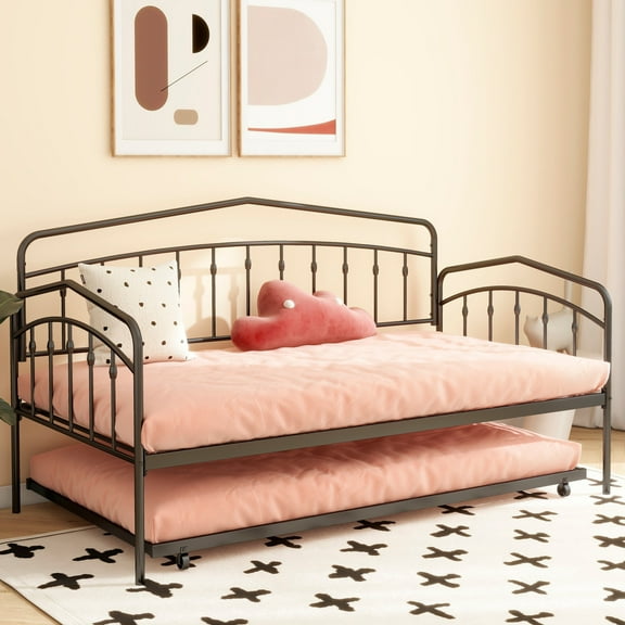 Noble House Twin Size Black Metal Frame Daybed with Twin Trundle for Bed Room,without Mattress