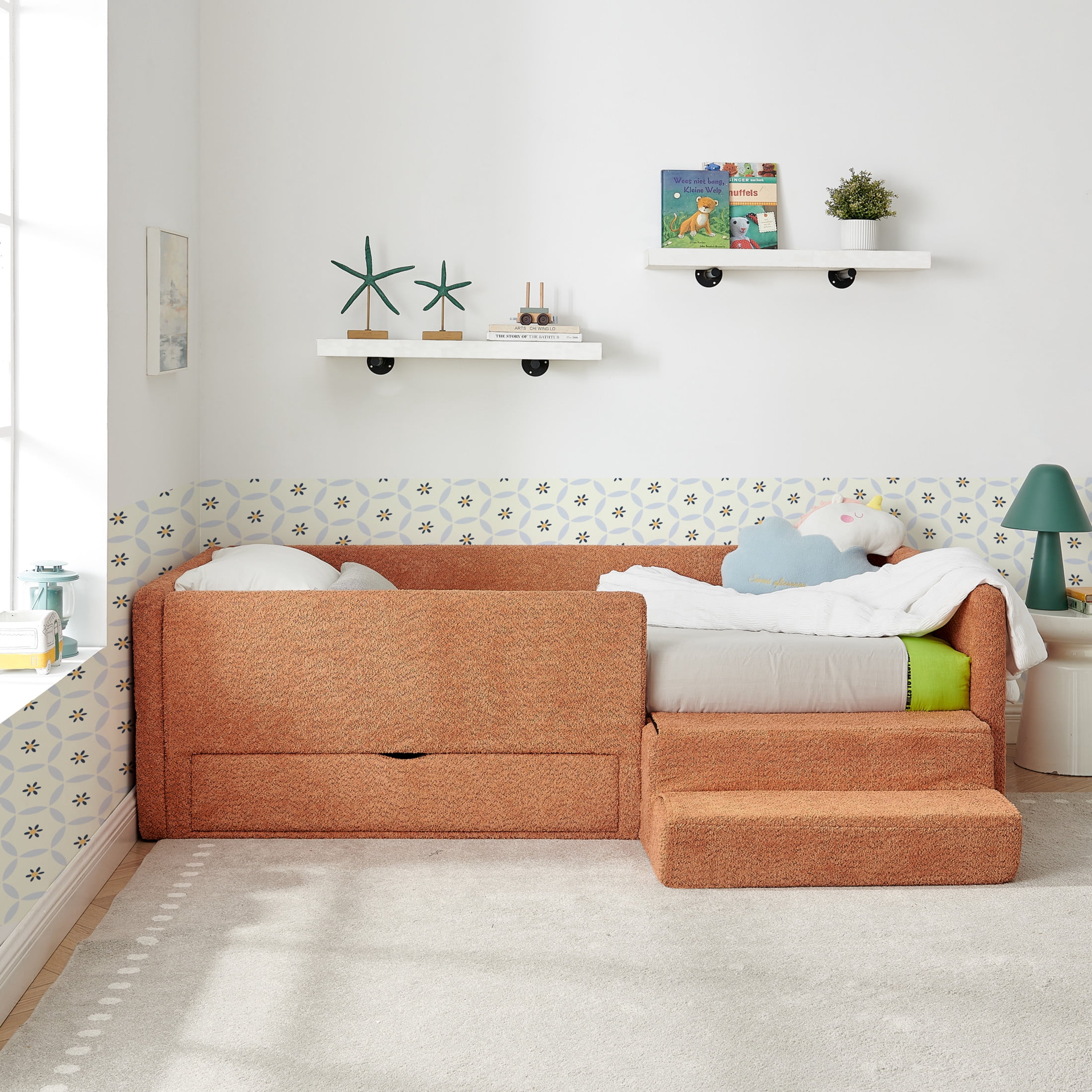 Noble House Twin Size Boucle Kids Bed, Safety Guardrails Toddler Bed Frame with Step Stool and Storage Drawer, Orange