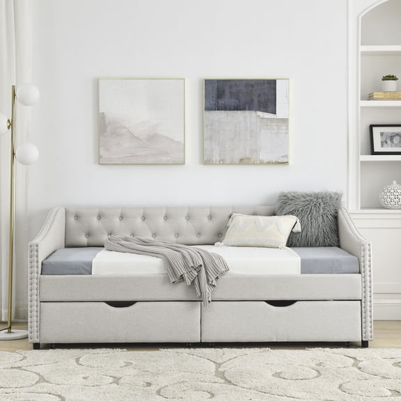 Noble House Twin Size Button Tufted Daybed, Linen Sofa Bed Frame with Storage Drawers and Nailhead Waved Arms, Beige