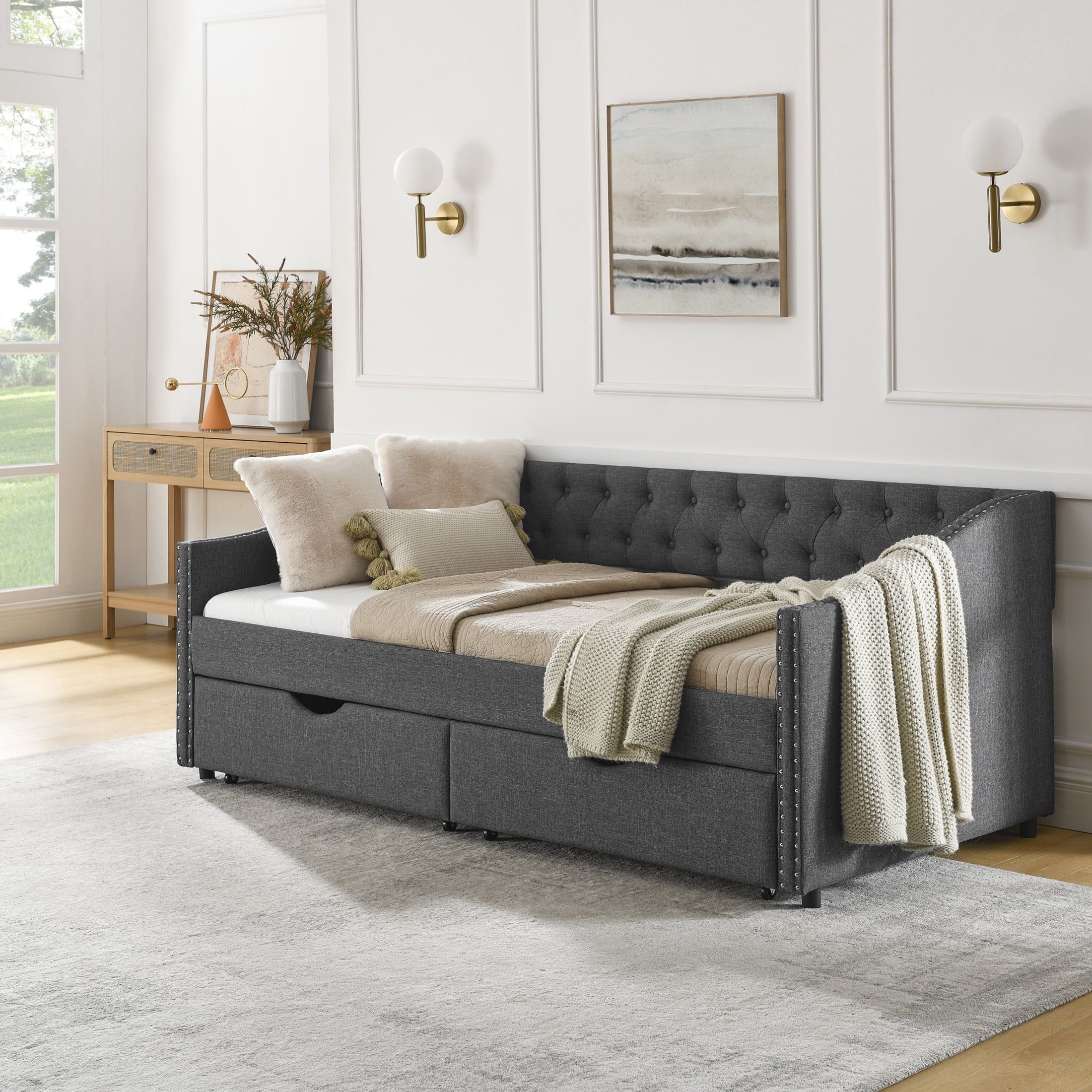 Noble House Twin Size Button Tufted Daybed, Linen Sofa Bed Frame with Storage Drawers and Nailhead Waved Arms, Dark Grey