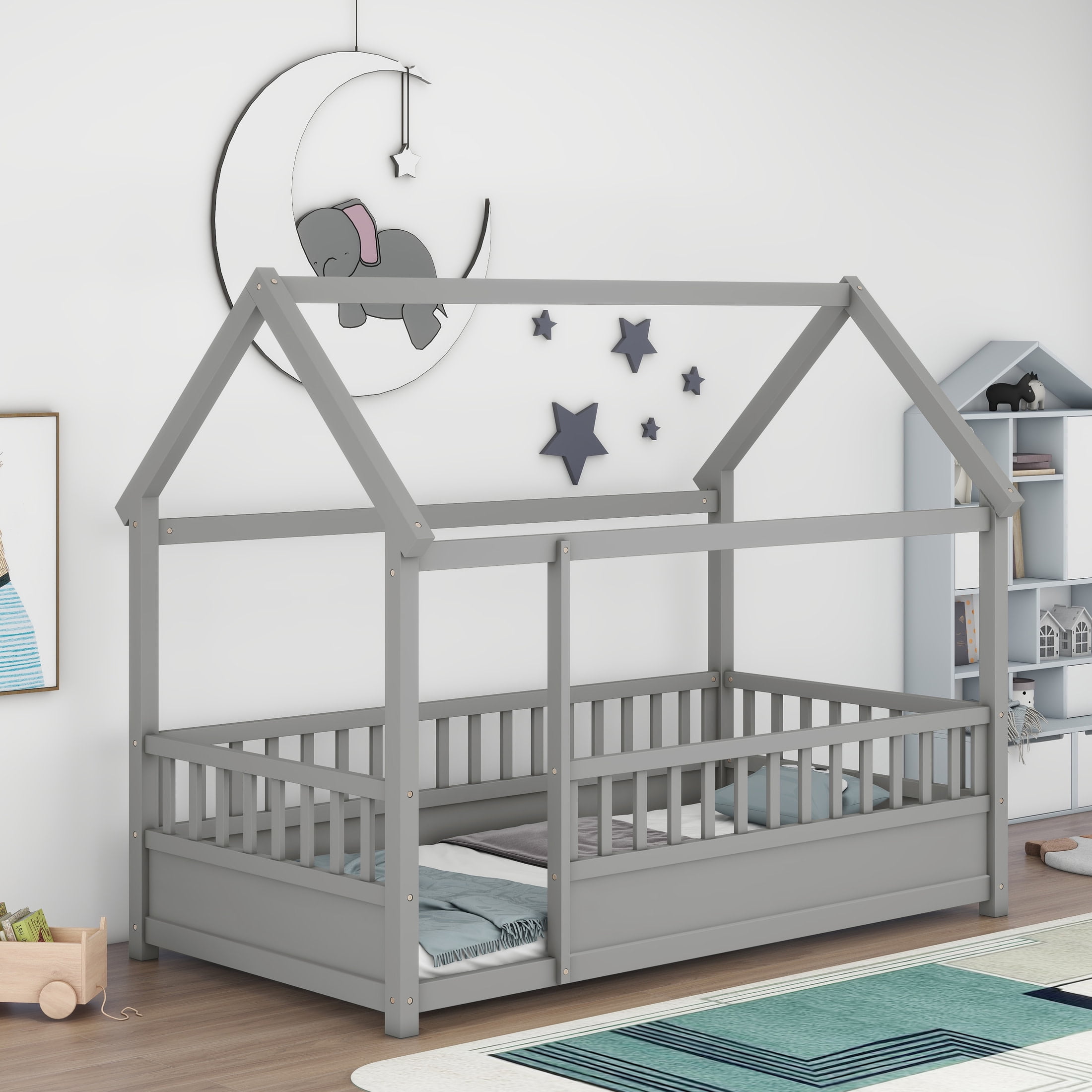 Noble House Twin Size Floor Bed with House Roof Frame and 20" Safety Guardrails, Gray