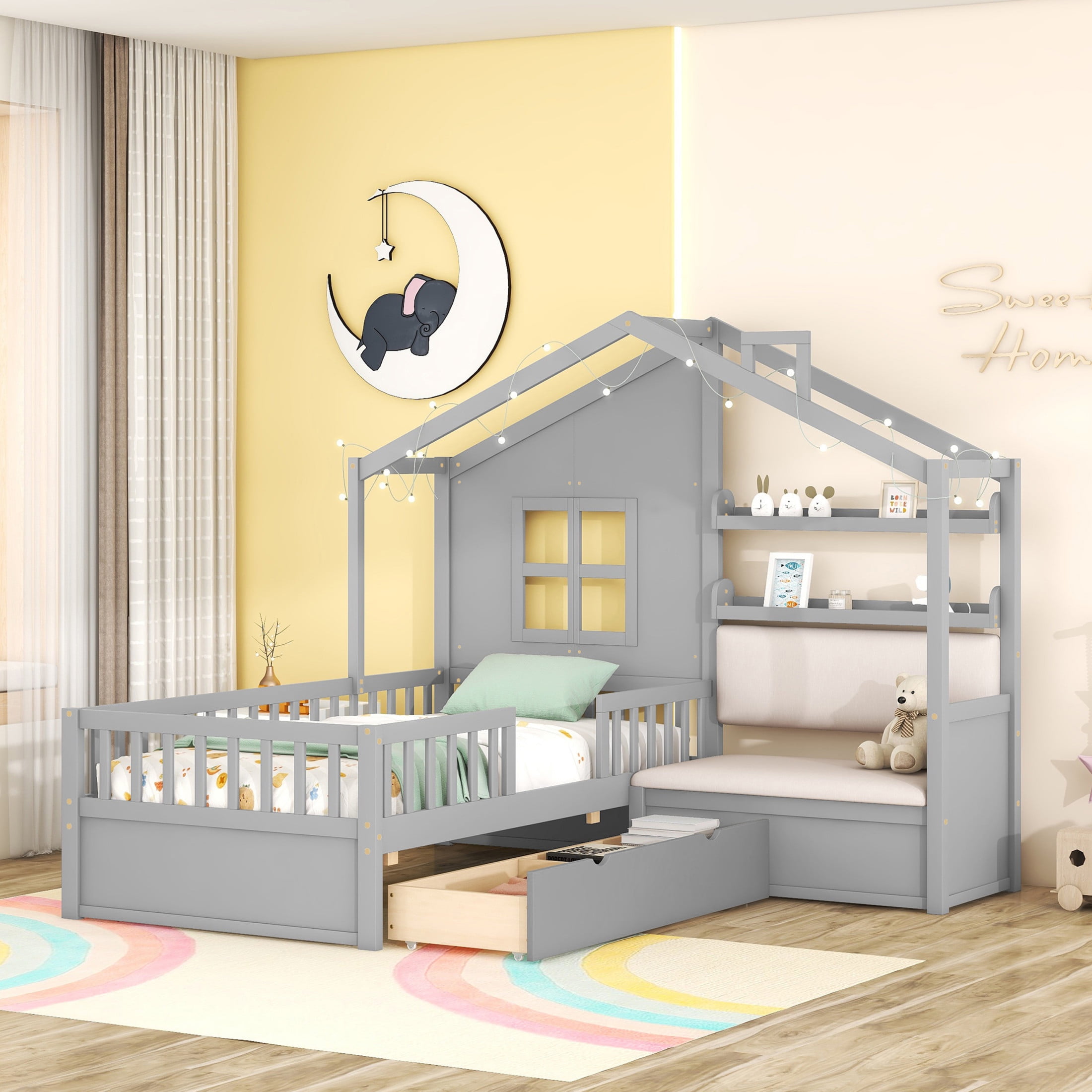 Noble House Twin Size House Bed with Sofa, Kids Platform Bed with Two Drawers and Storage Shelf, Gray