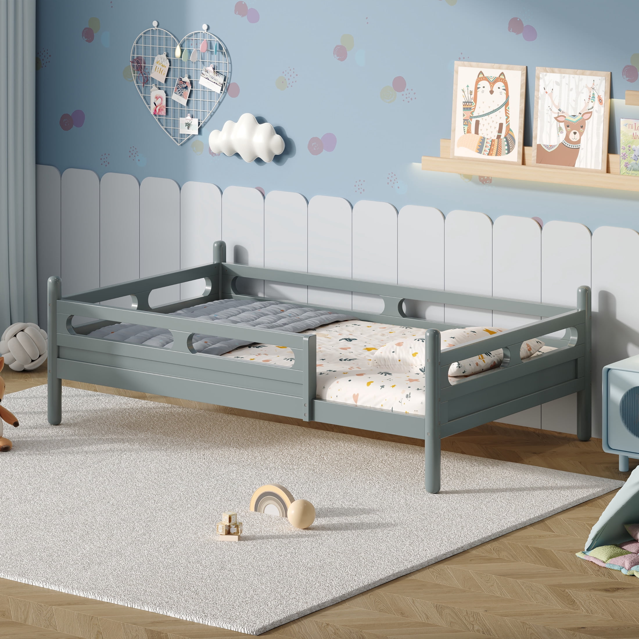 Noble House Twin Size Kids Bed Frame with Safety Rails, Low Profile Design & Slat Support, Gray