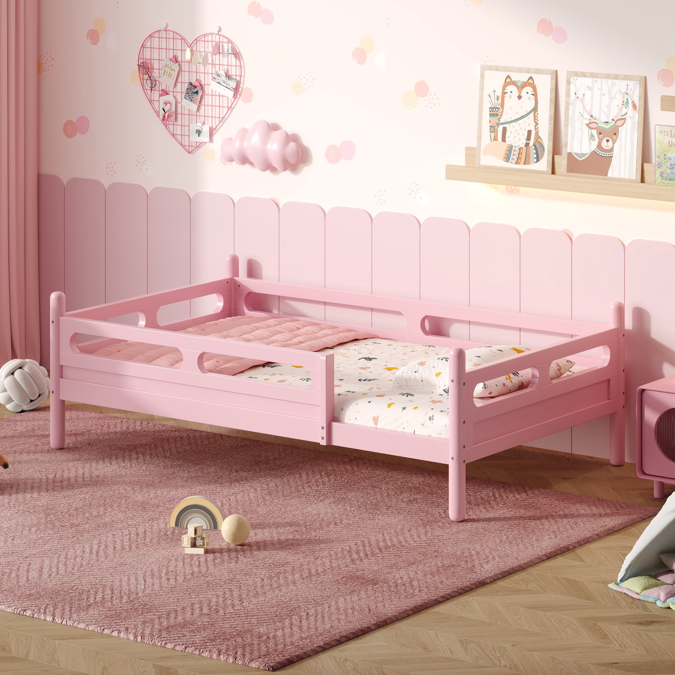 Noble House Twin Size Kids Bed Frame with Safety Rails, Low Profile Design & Slat Support, Pink