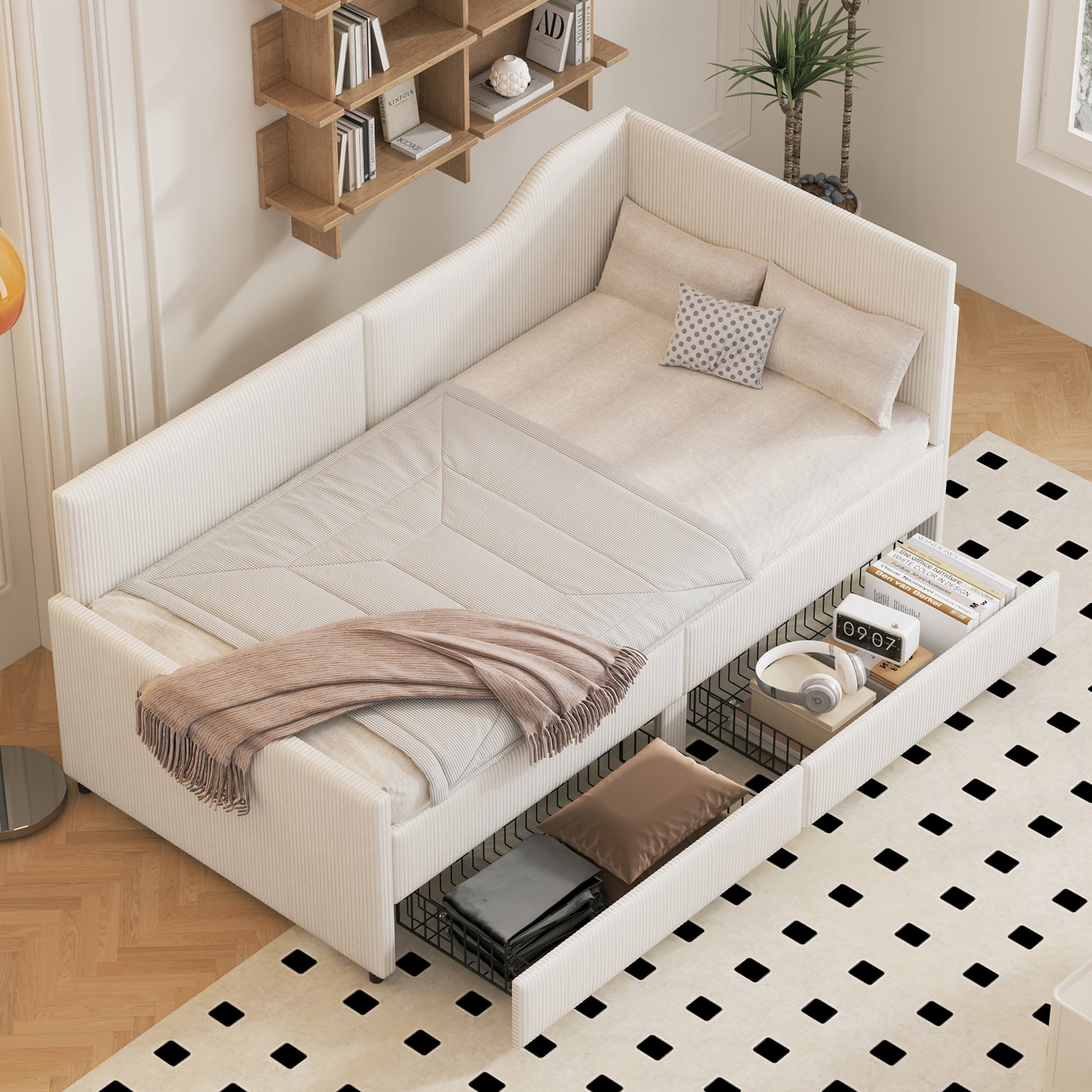 Noble House Twin Size L-Shaped Corduroy Daybed with 2 Storage Drawers, Beige