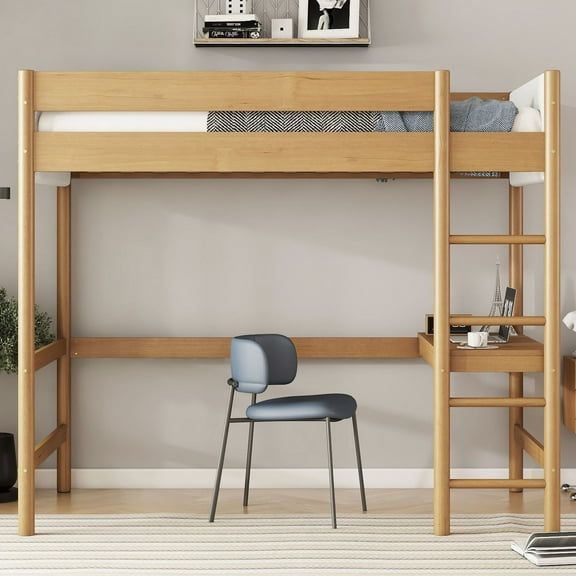 Noble House Twin Size Loft Bed with Desk, Rubber Wood Frame with Boucle Upholstered Headboard, Natural