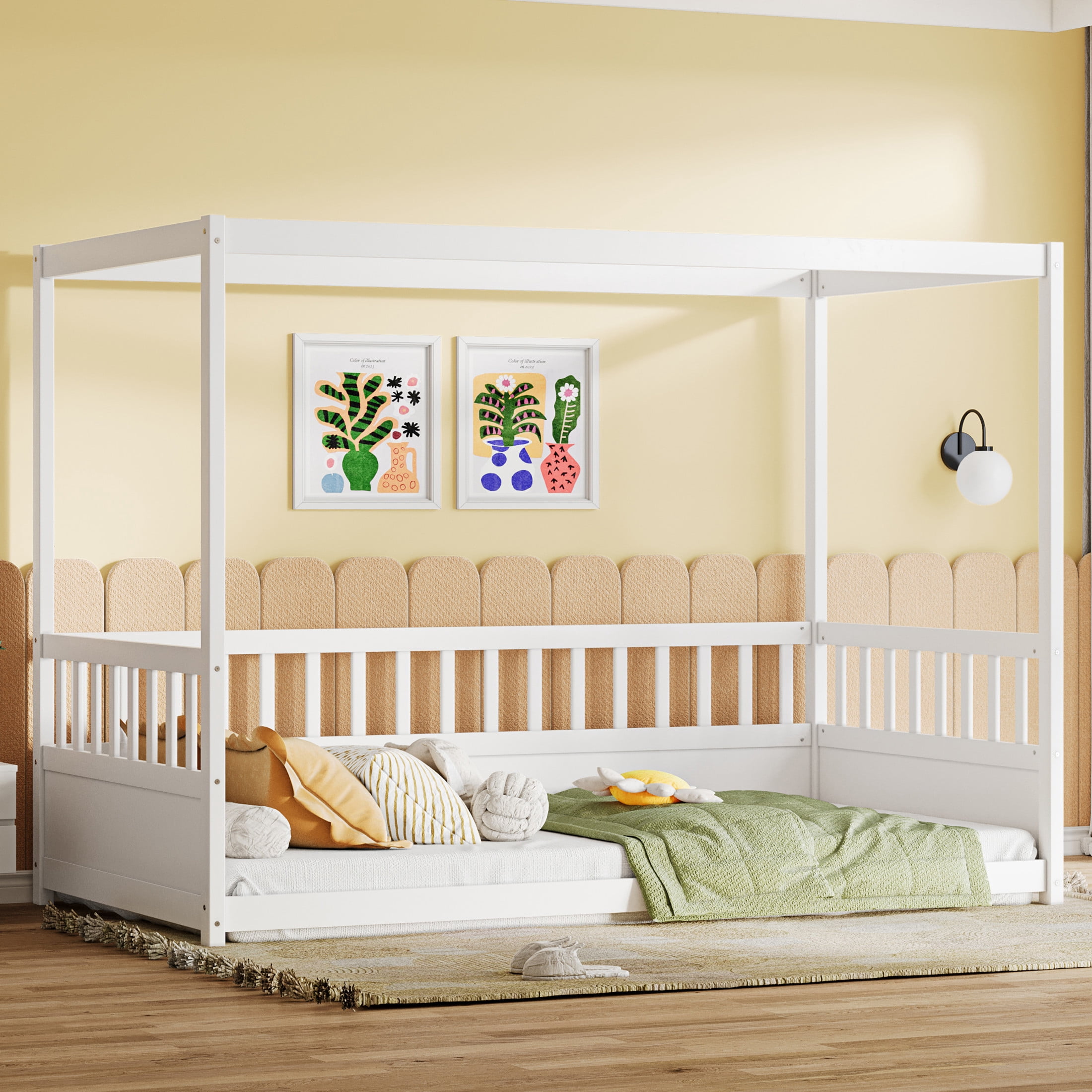 Noble House Twin Size Montessori Canopy Floor Bed with 21.45" Guardrails, Bed Frame for Kids, White
