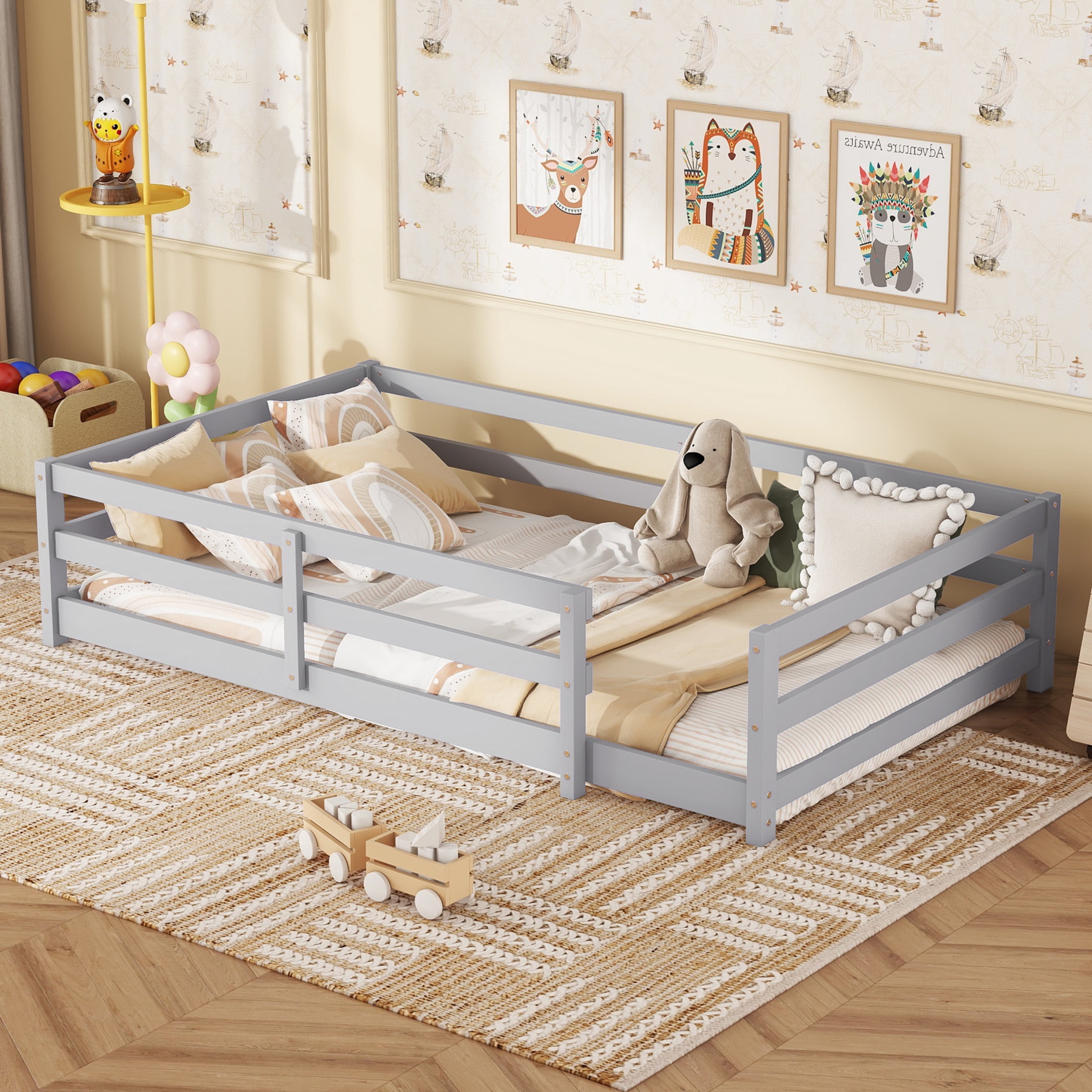 Noble House Twin Size Montessori Floor Bed with Fence, Wooden Bed Frame for Kids, Gray