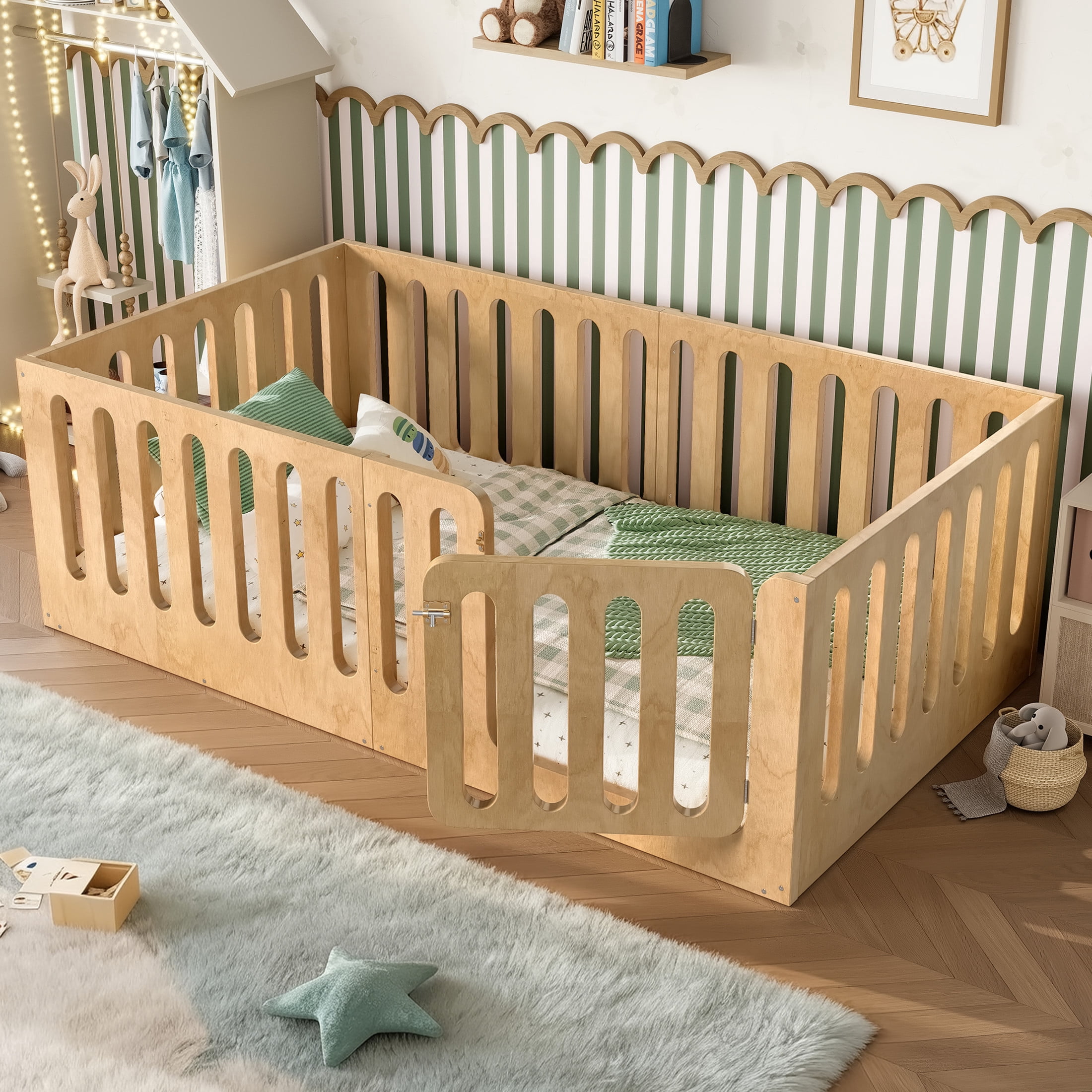 Noble House Twin Size Montessori Floor Bed with High Fence, Solid Wood Kids Bed Frame, Natural