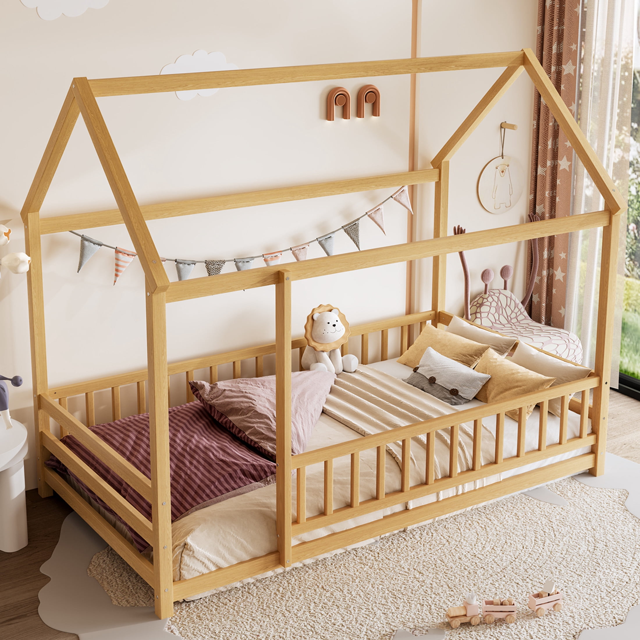 Noble House Twin Size Montessori Floor Bed with House Roof Frame and Safety Guardrails, Natural