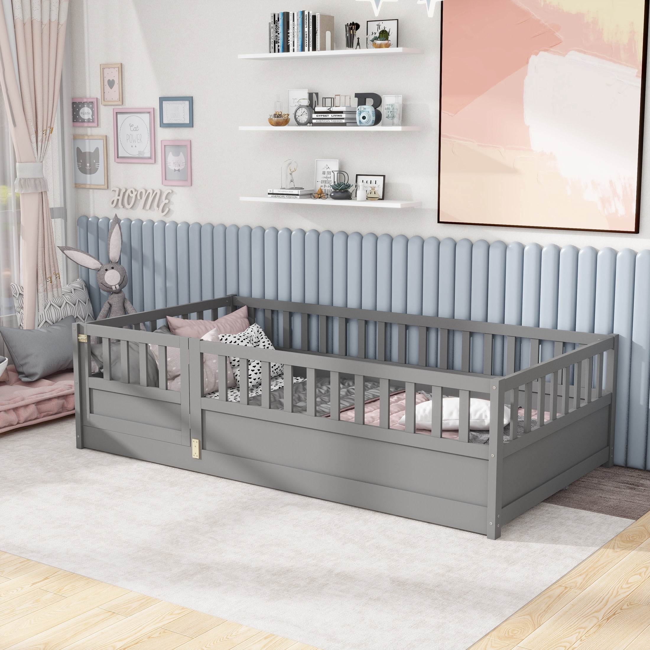Noble House Twin Size Montessori Floor Bed with Safety Guardrails and Door, Wood Kids Bed Frame, Gray