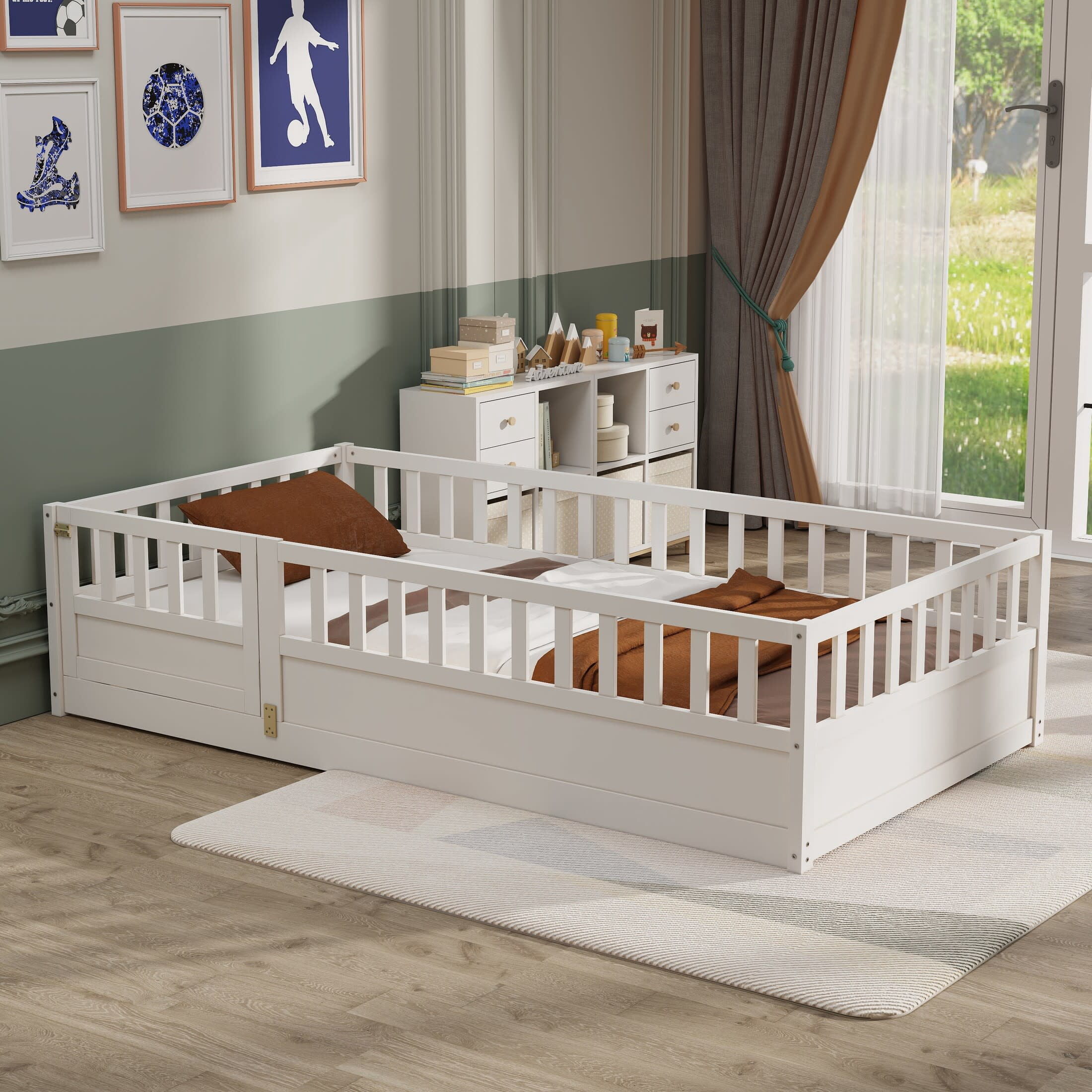 Noble House Twin Size Montessori Floor Bed with Safety Guardrails and Door, Wood Kids Bed Frame, White
