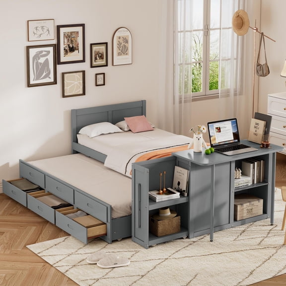 Noble House Twin Size Multifunctional Platform Bed with Trundle, 3 Drawers, Desk and Storage Shelf, Gray