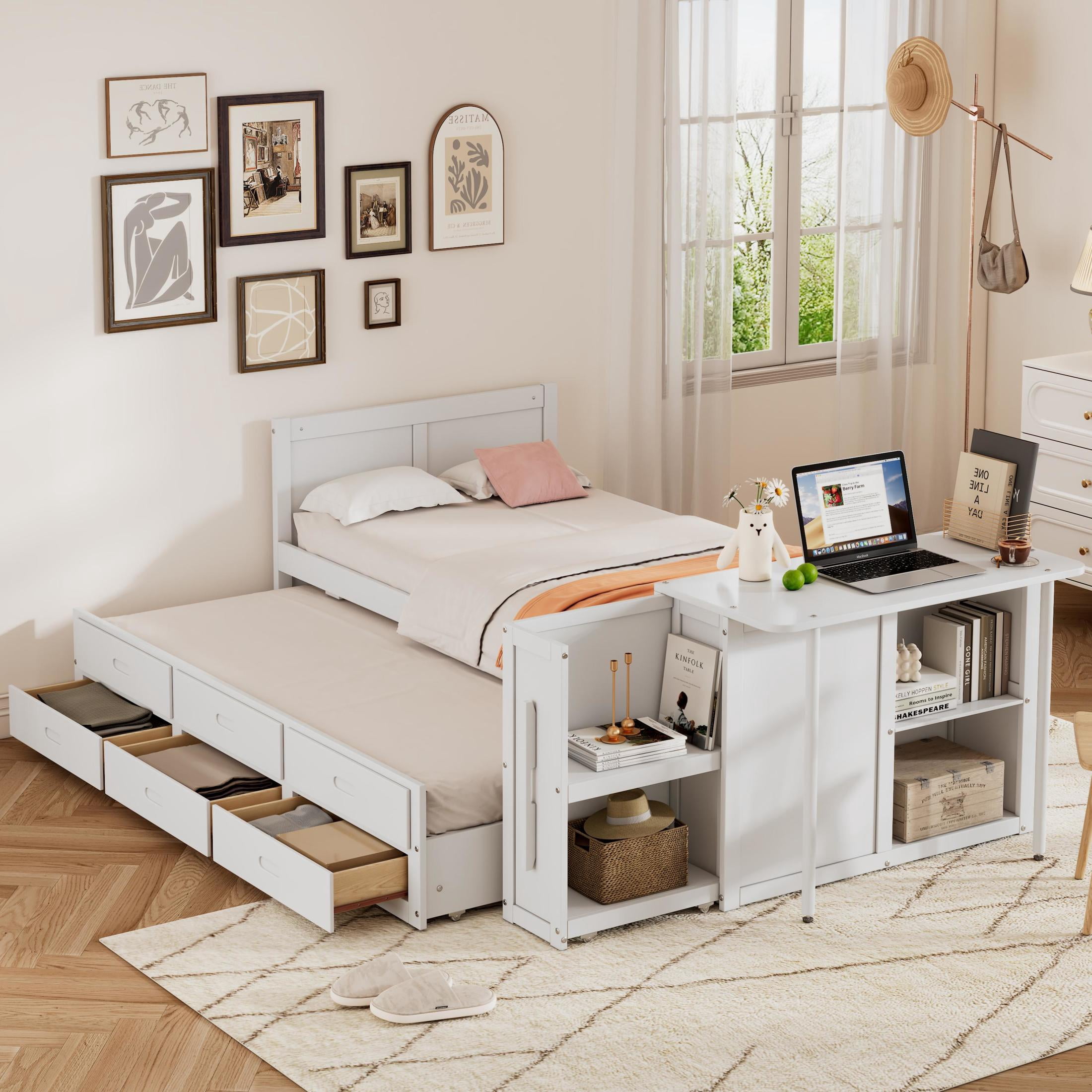 Noble House Twin Size Multifunctional Platform Bed with Trundle, 3 Drawers, Desk and Storage Shelf, White