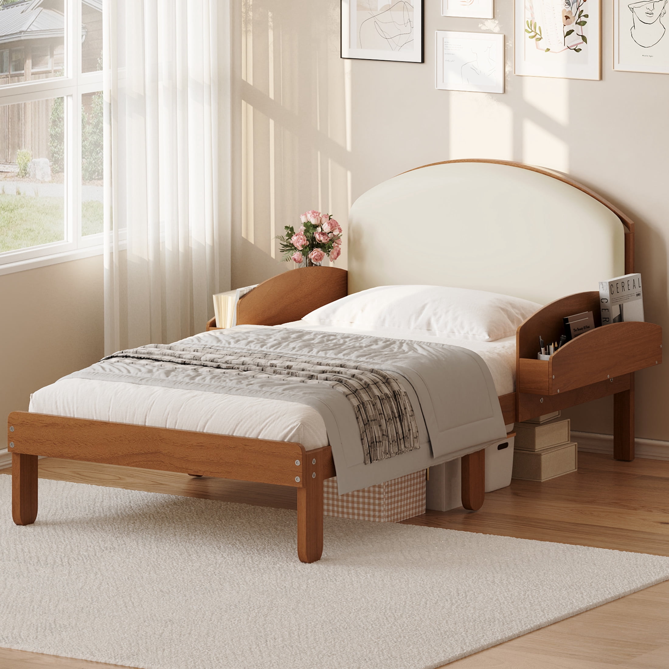 Noble House Twin Size Platform Bed with Curved Padded Headboard, Side Storage Shelves, Light Walnut