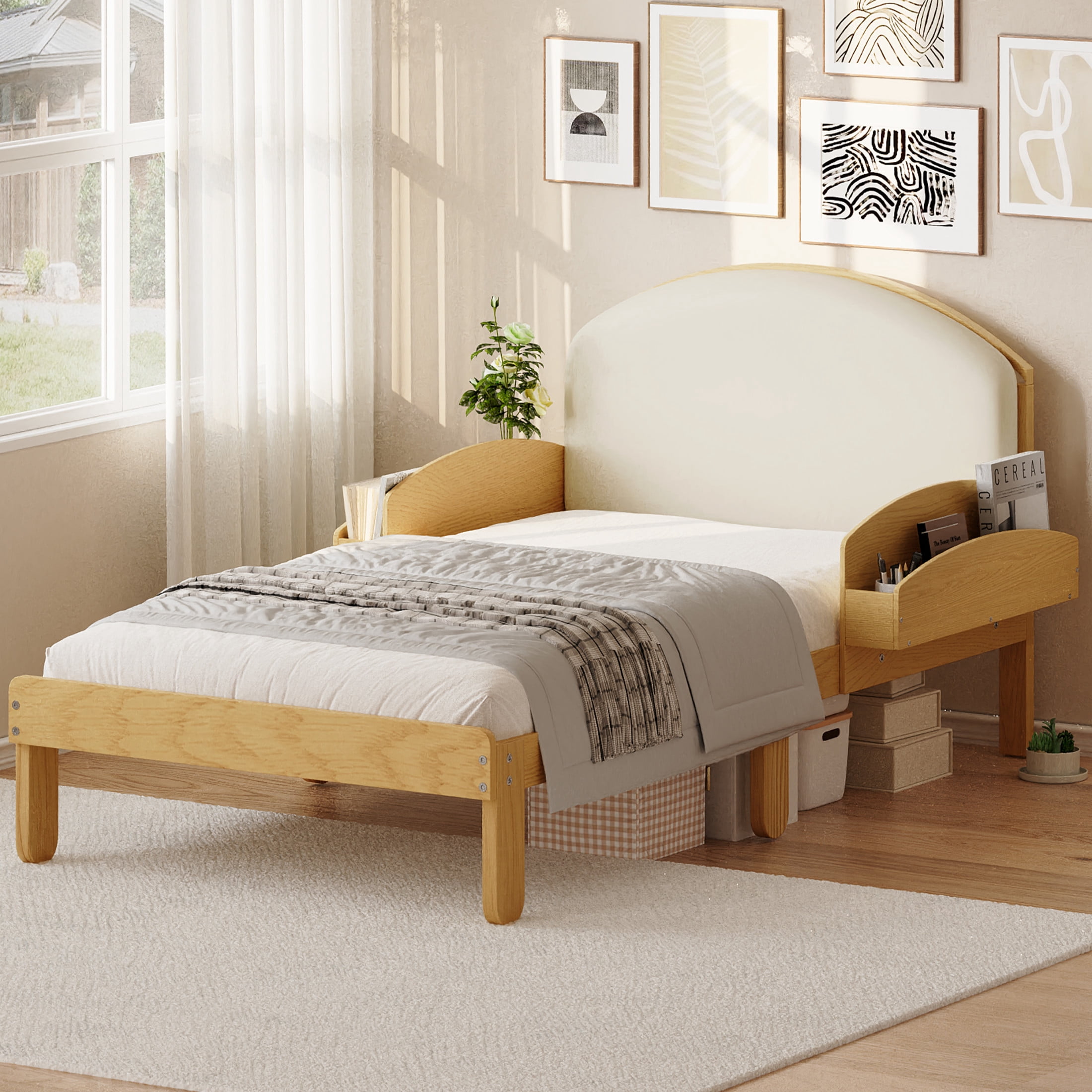 Noble House Twin Size Platform Bed with Curved Padded Headboard, Side Storage Shelves, Natural