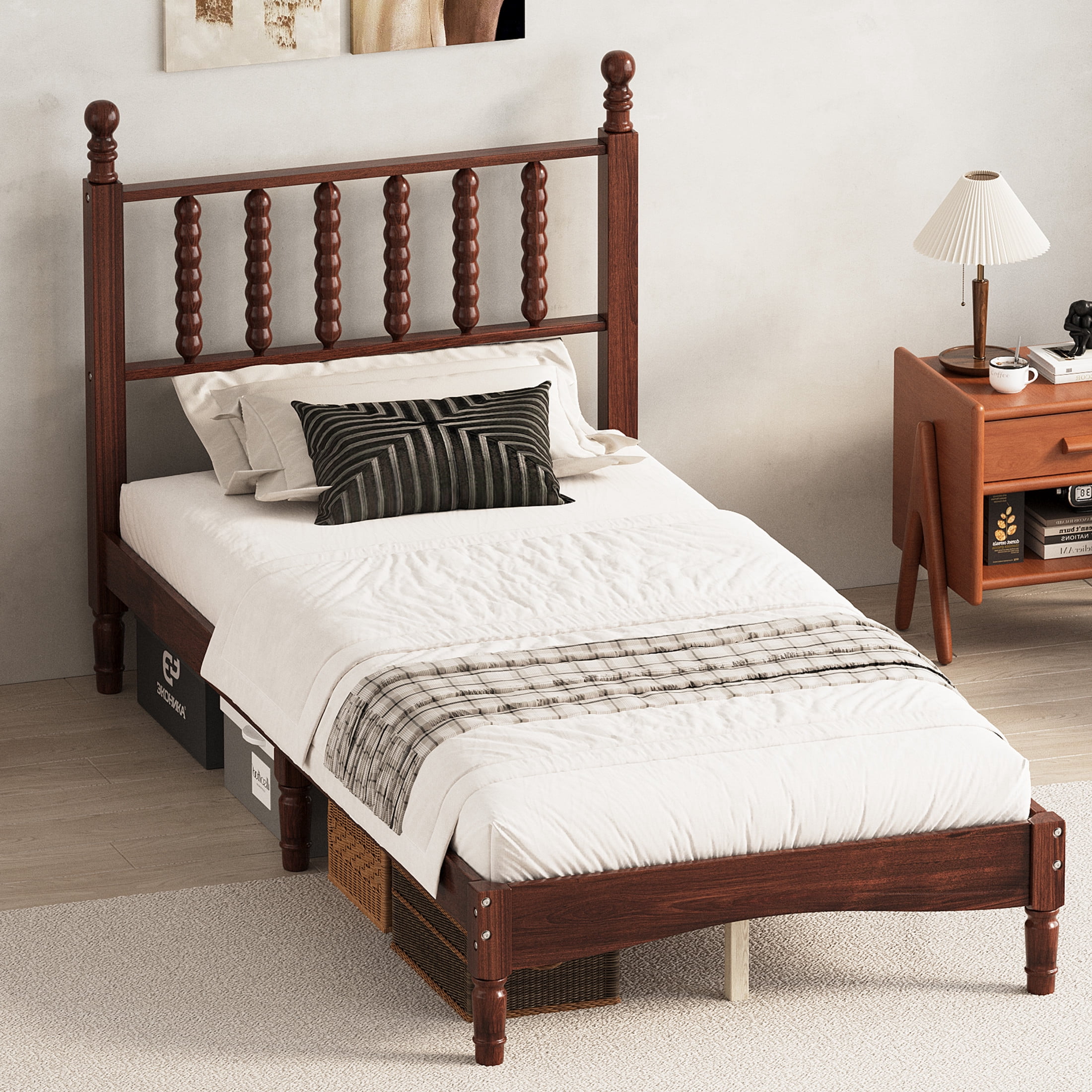 Noble House Twin Size Platform Bed with Gourd Shaped Headboard, Wooden Slat Support, Walnut