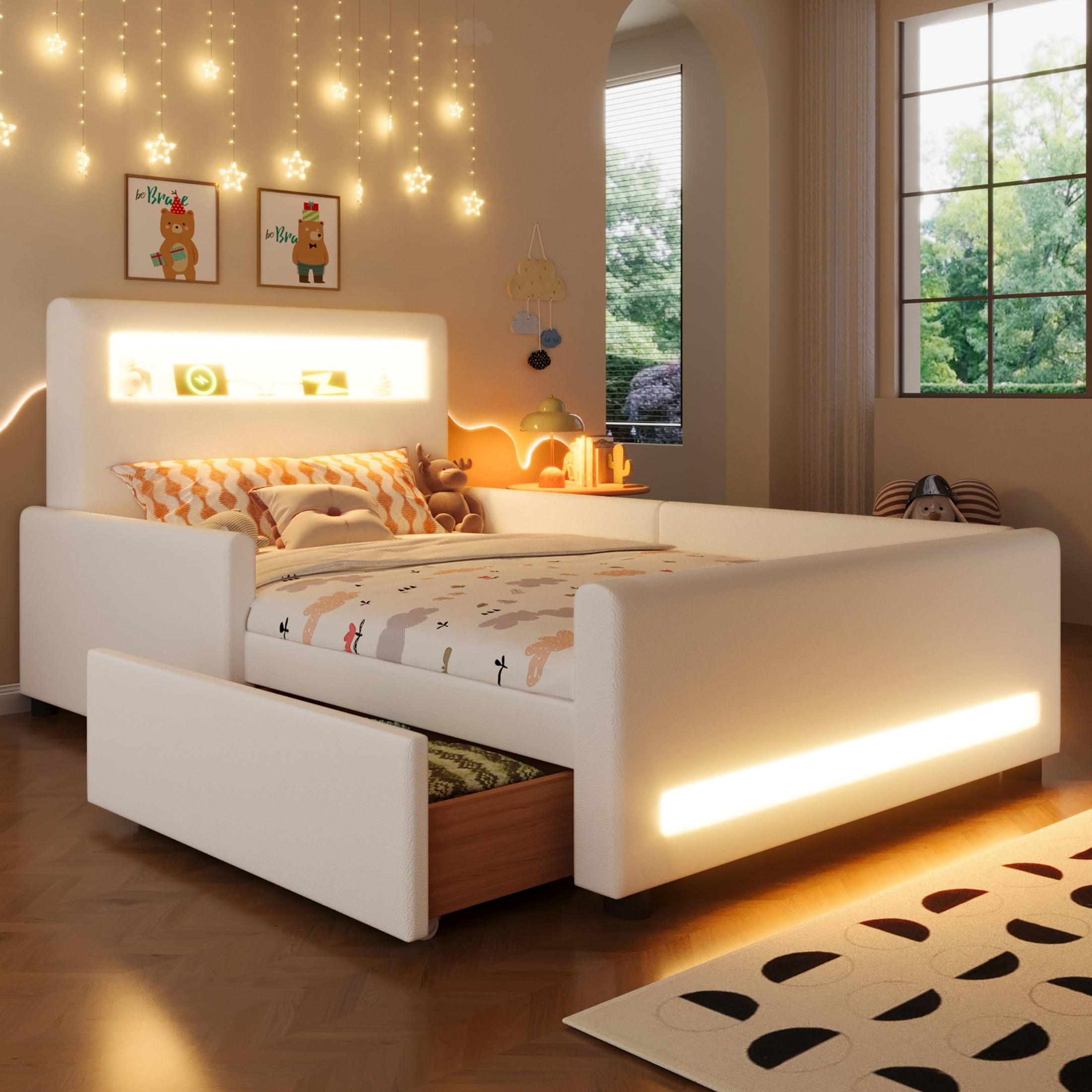 Noble House Twin Size Upholstered Platform Bed with Storage Drawer, LED Light Strip and USB Charging Port, White
