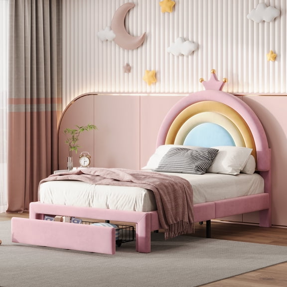 Noble House Twin Size Upholstered Rainbow Design Bed, Velvet Princess Platform Bed with Storage Drawer, Colorful & Pink