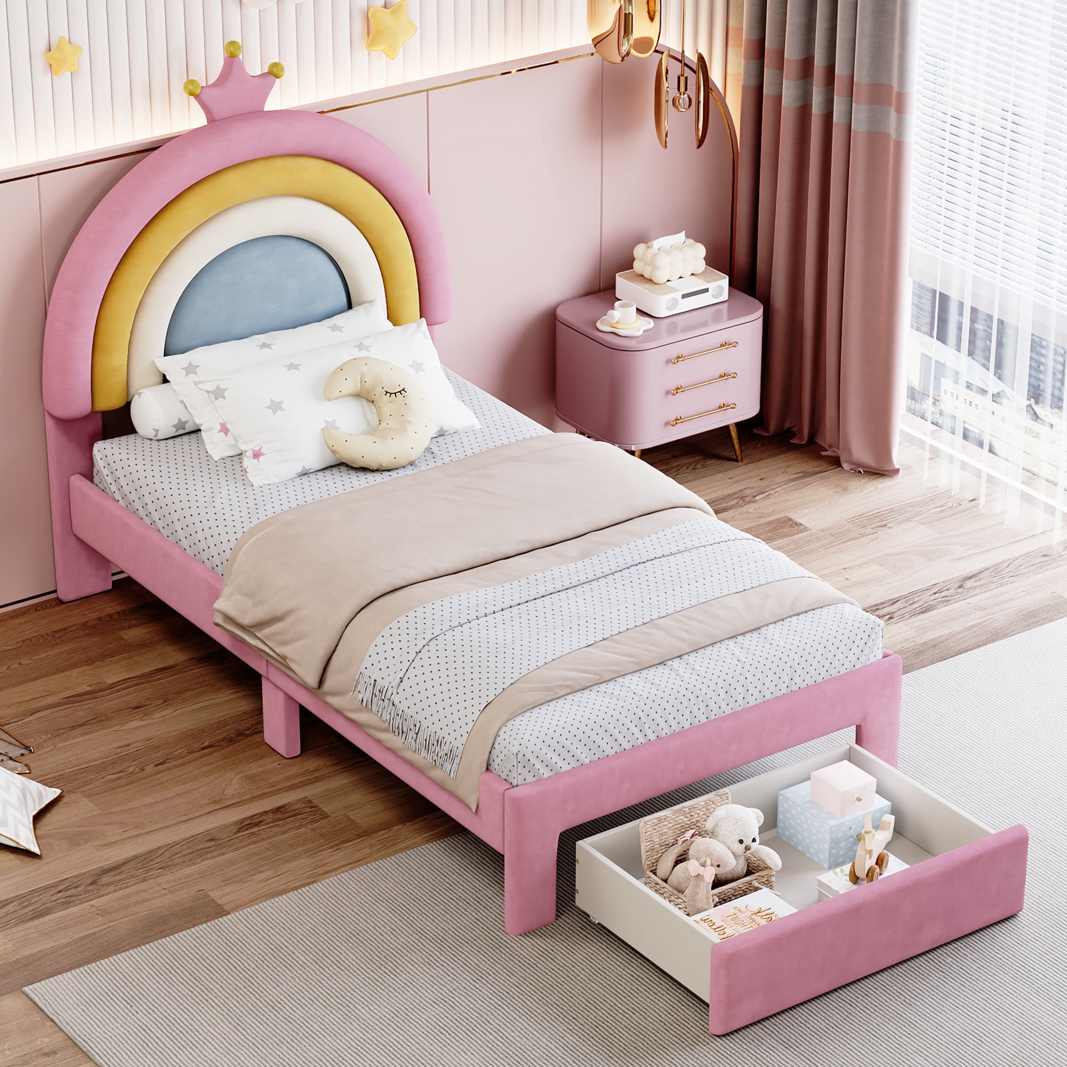 Noble House Twin Size Upholstered Rainbow Design Bed, Velvet Princess Platform Bed with Storage Drawer, Colorful & Pink