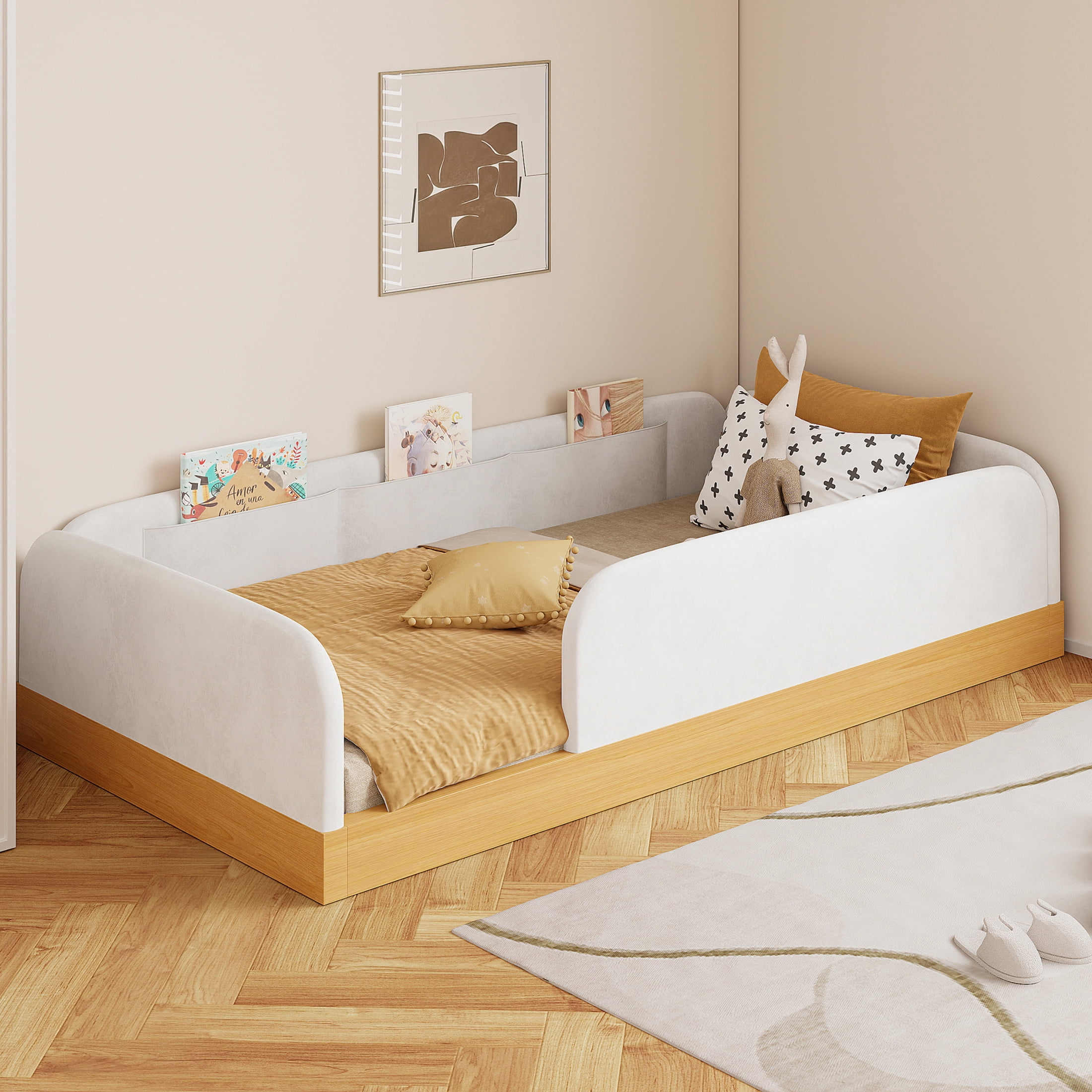 Noble House Twin Size Velvet Upholstered Platform Bed with Safety Guardrail and 3 Storage Bags, Kid Bed Frame, Natural
