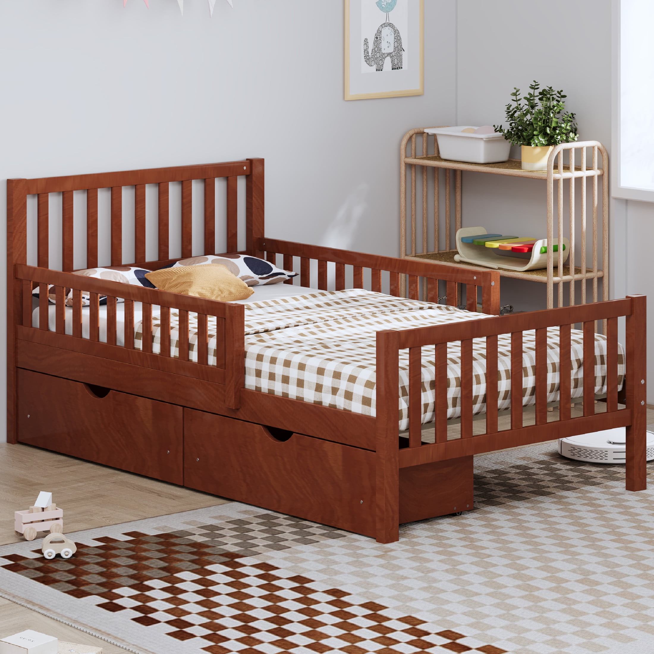 Noble House Twin Size Wood Platform Bed with Guardrails on Both Sides and Two Storage Drawers,Walnut