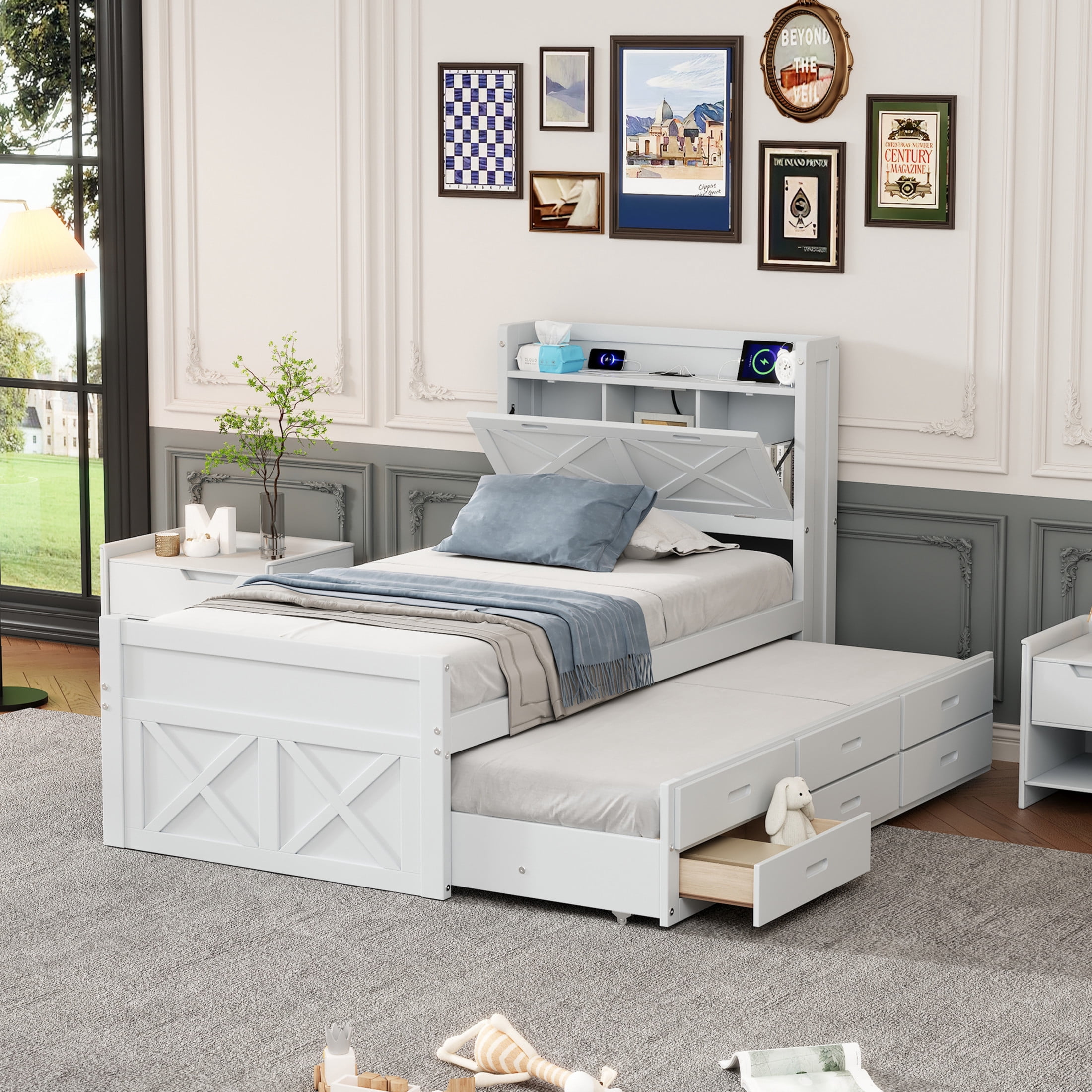 Noble House Twin Size Wooden Bed with Trundle, Drawers, Storage Headboard and Outlets, White