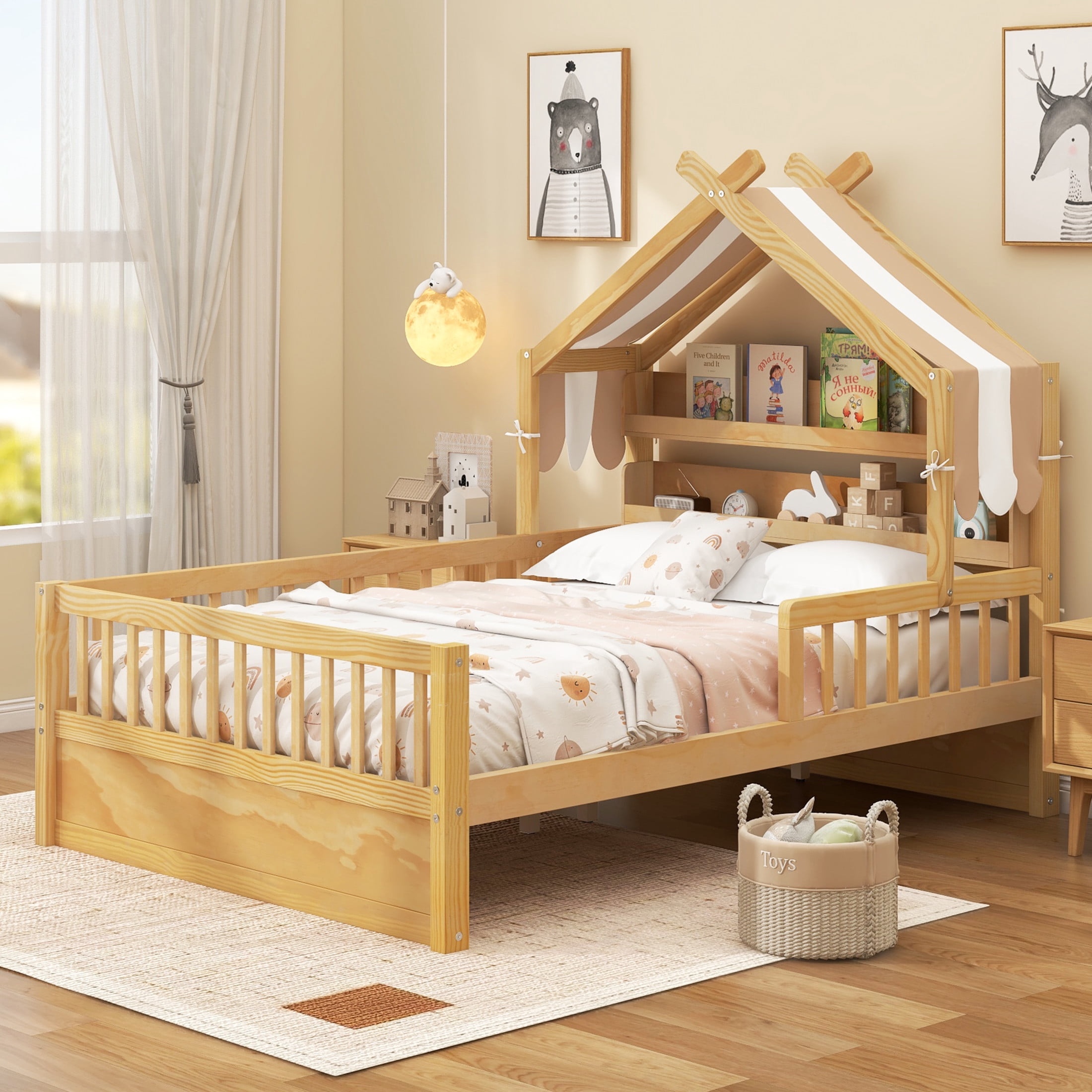 Noble House Twin Size Wooden House Bed with Storage Headboard Shelf and Fabric Canopy, Playful Kid Rooms, Natural