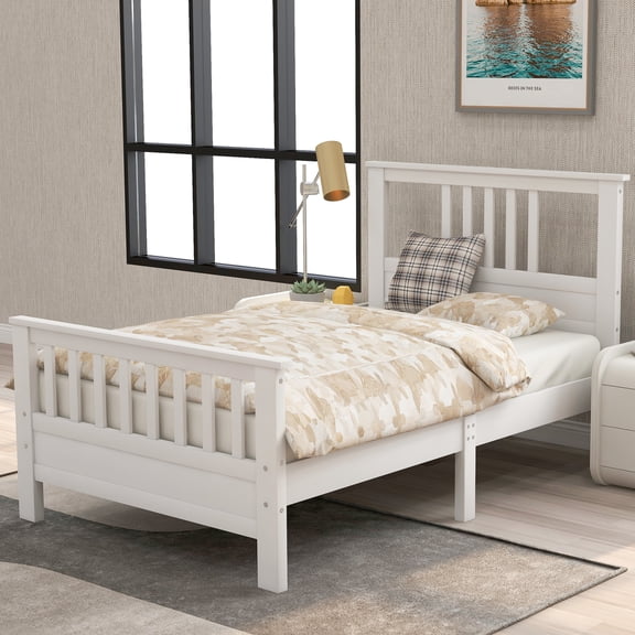 Noble House Twin Solid Pine Wood Platform Bed, Paneled Headboard and Footboard, Modern Minimal Design, White