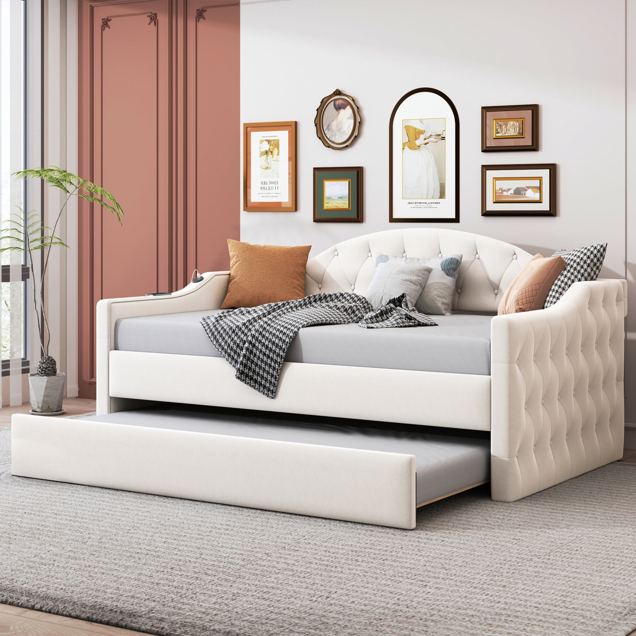 Noble House Twin Tufted Upholstered Daybed with Trundle, USB and Type-C Charging Ports, Beige