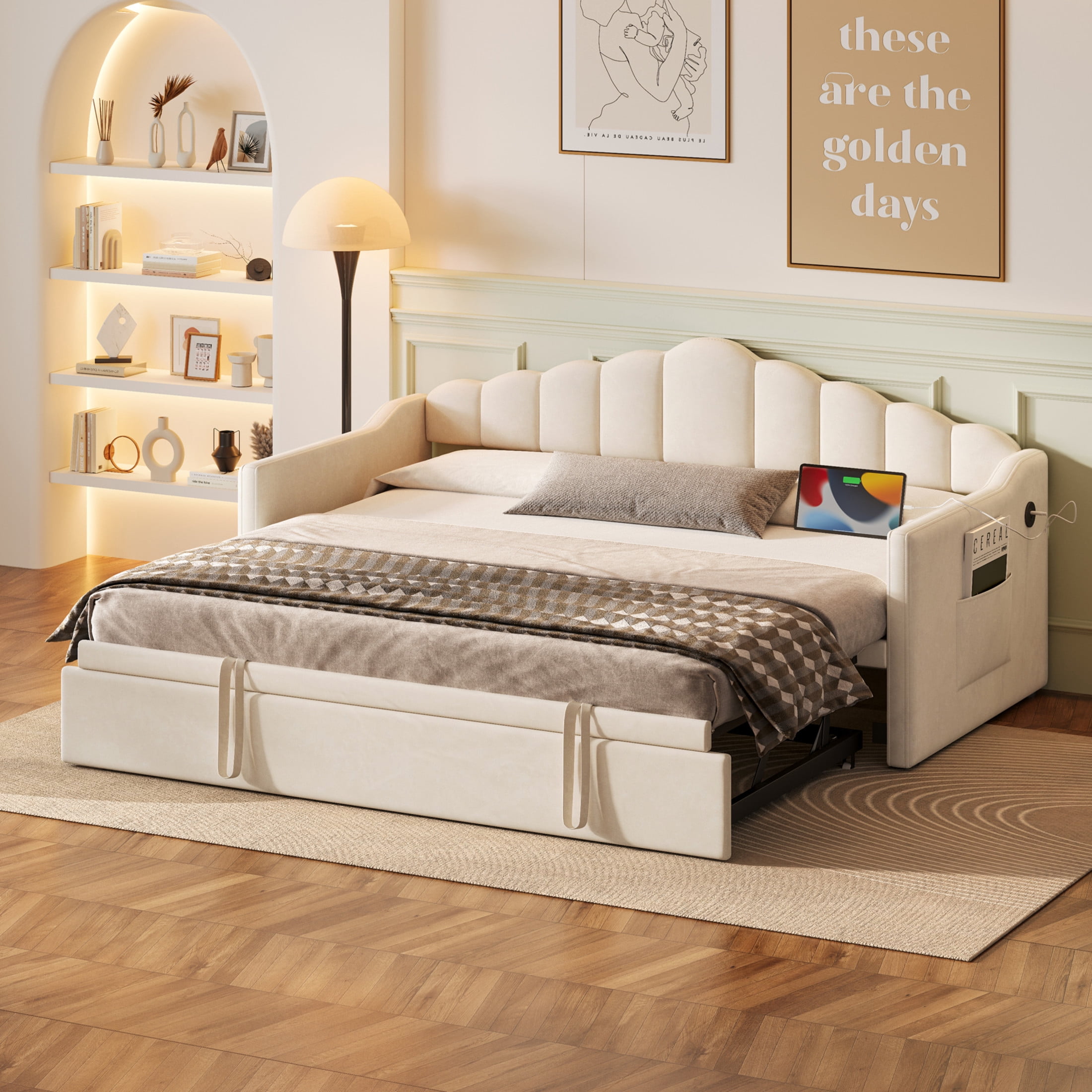 Noble House Twin Upholstered Daybed with Pop-Up Trundle, USB and Type-C Charging Ports, Beige
