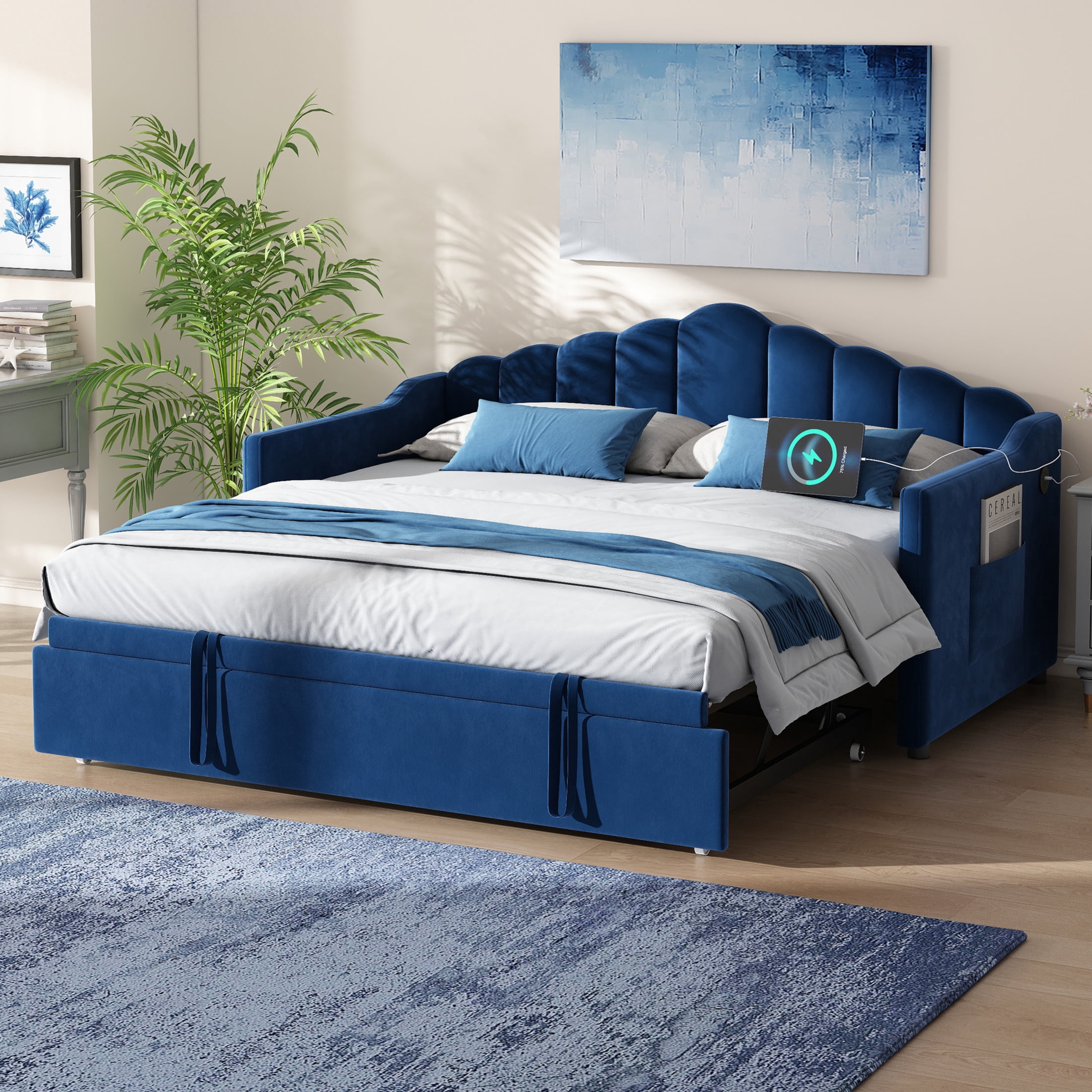 Noble House Twin Upholstered Daybed with Pop-Up Trundle, USB and Type-C Charging Ports, Blue