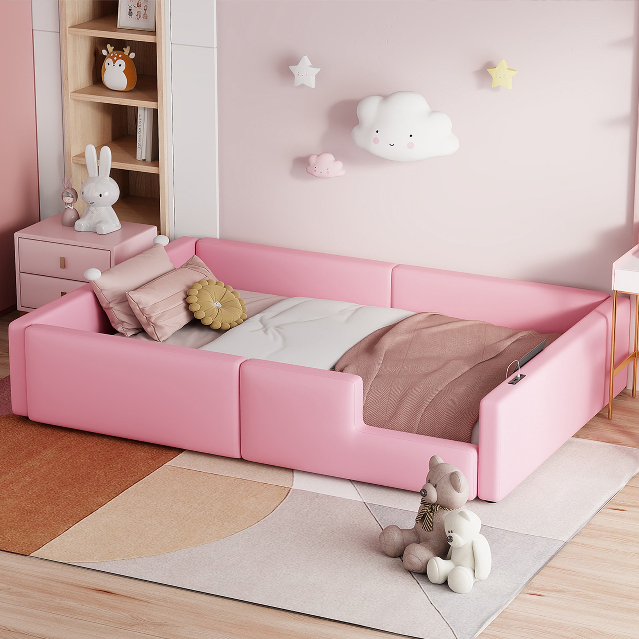 Noble House Twin Upholstered Platform Bed, PU Leather Frame with Charging Station and Guardrail, Space Saving, Pink