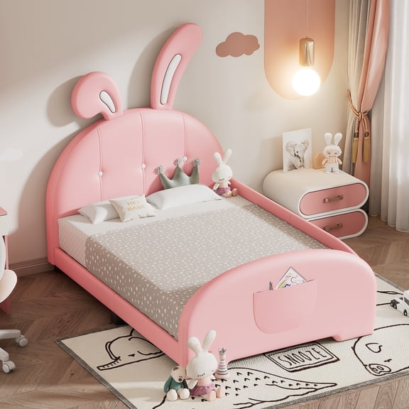 Noble House Twin Upholstered Rabbit Princess Bed with Headboard and Footboard, Pink