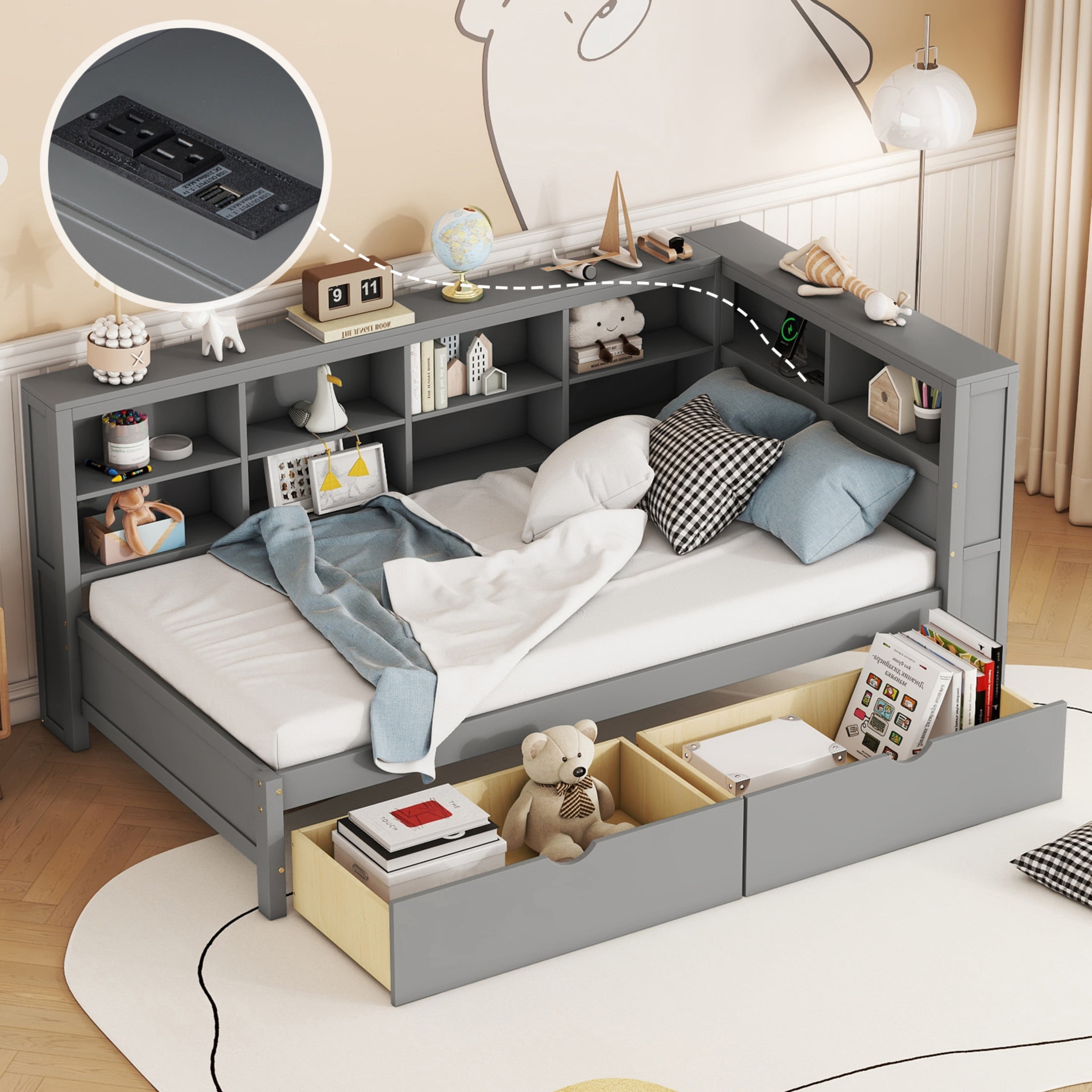 Noble House Twin Wooden Daybed with 2 Drawers, Storage Shelves and USB Charging Ports, Gray