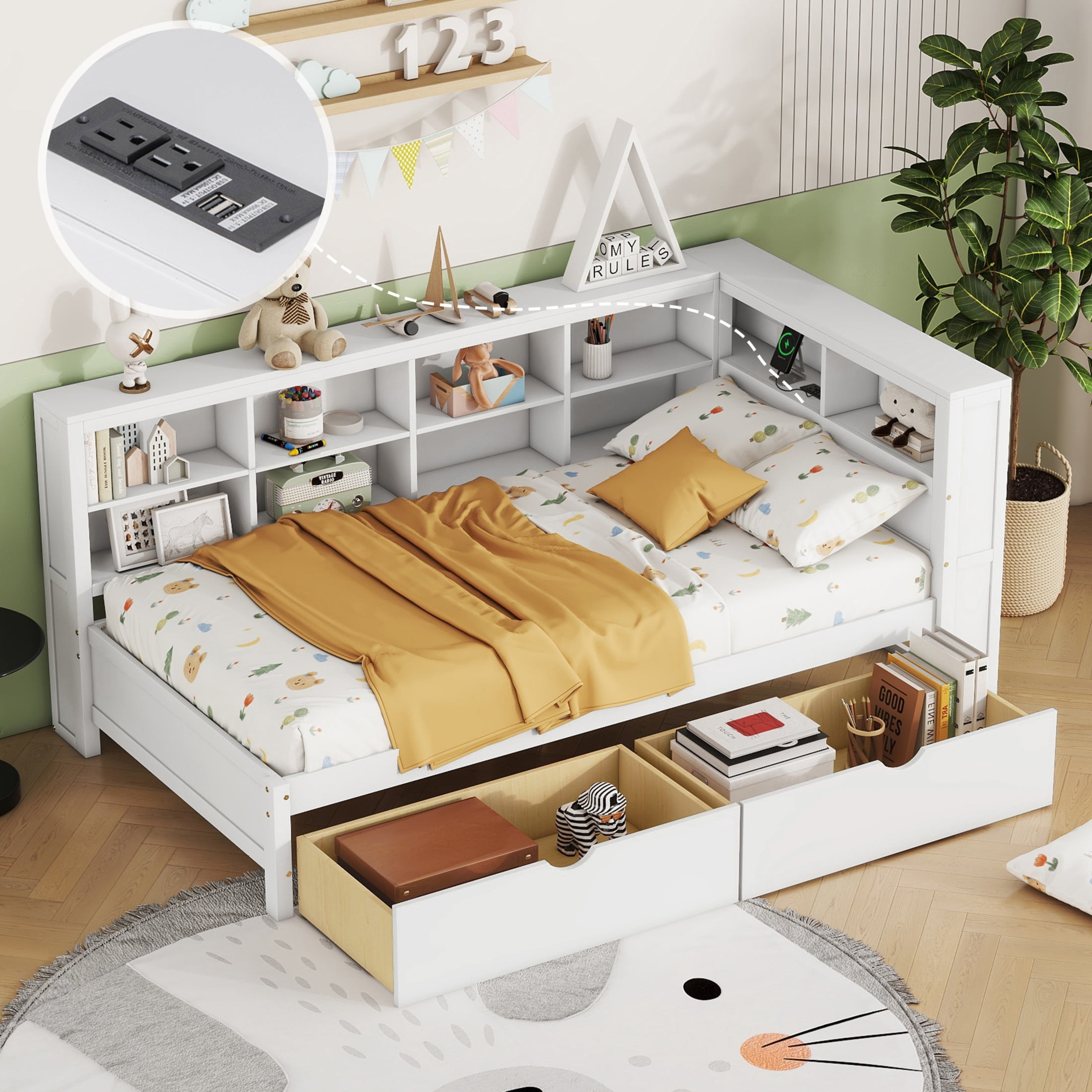 Noble House Twin Wooden Daybed with 2 Drawers, Storage Shelves and USB Charging Ports, White