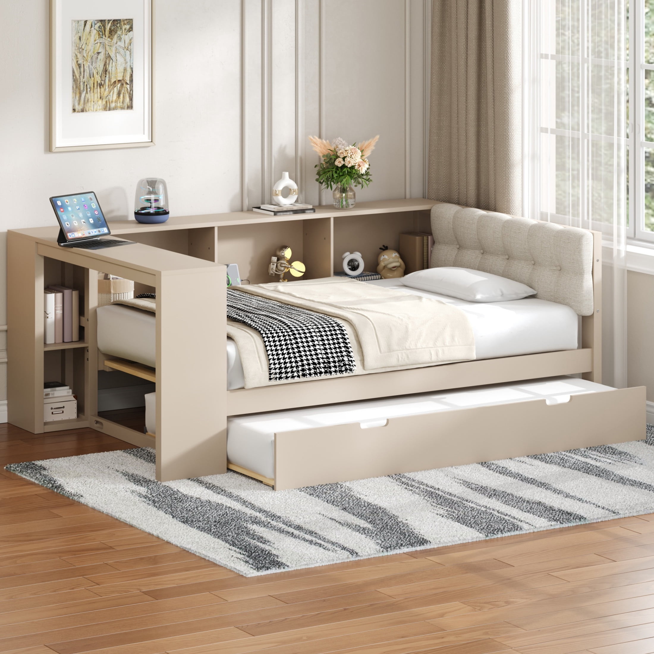 Noble House Twin Wooden Platform Bed, Upholstered Headboard, Storage Shelves, Charging Station and Trundle, Cream