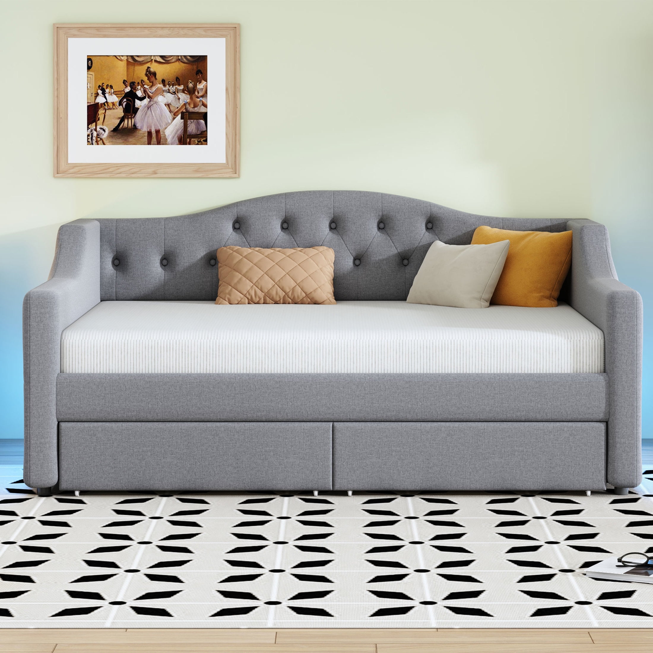 Noble House Twin XL Linen Upholstered Daybed, Tufted Frame with 7-Color LED Belt and 2 Storage Drawers, Gray