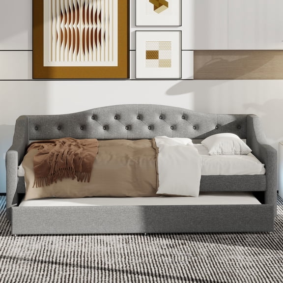 Noble House Twin XL Upholstered Daybed, Linen Frame with 7-Color LED Belt and Trundle, Space Saving Design, Gray