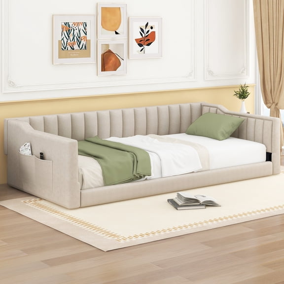 Noble House Twin XL Upholstered Daybed, Velvet Vertical Channel Tufting with Side Storage Pocket, Space Saving, Beige