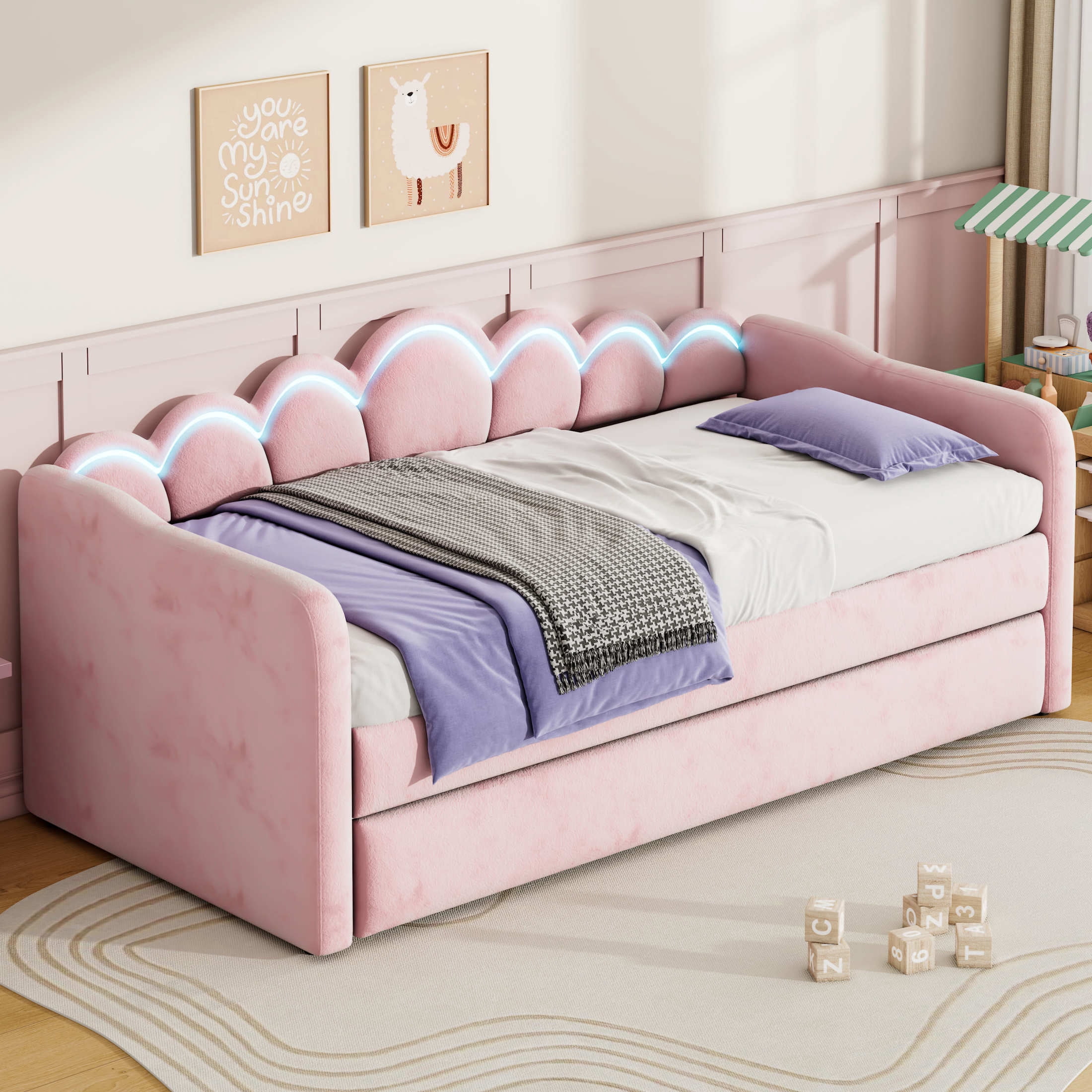 Noble House Twin XL Upholstered Velvet Daybed with LED Light and Pop-Up Height Trundle, Space Saving Design, Pink
